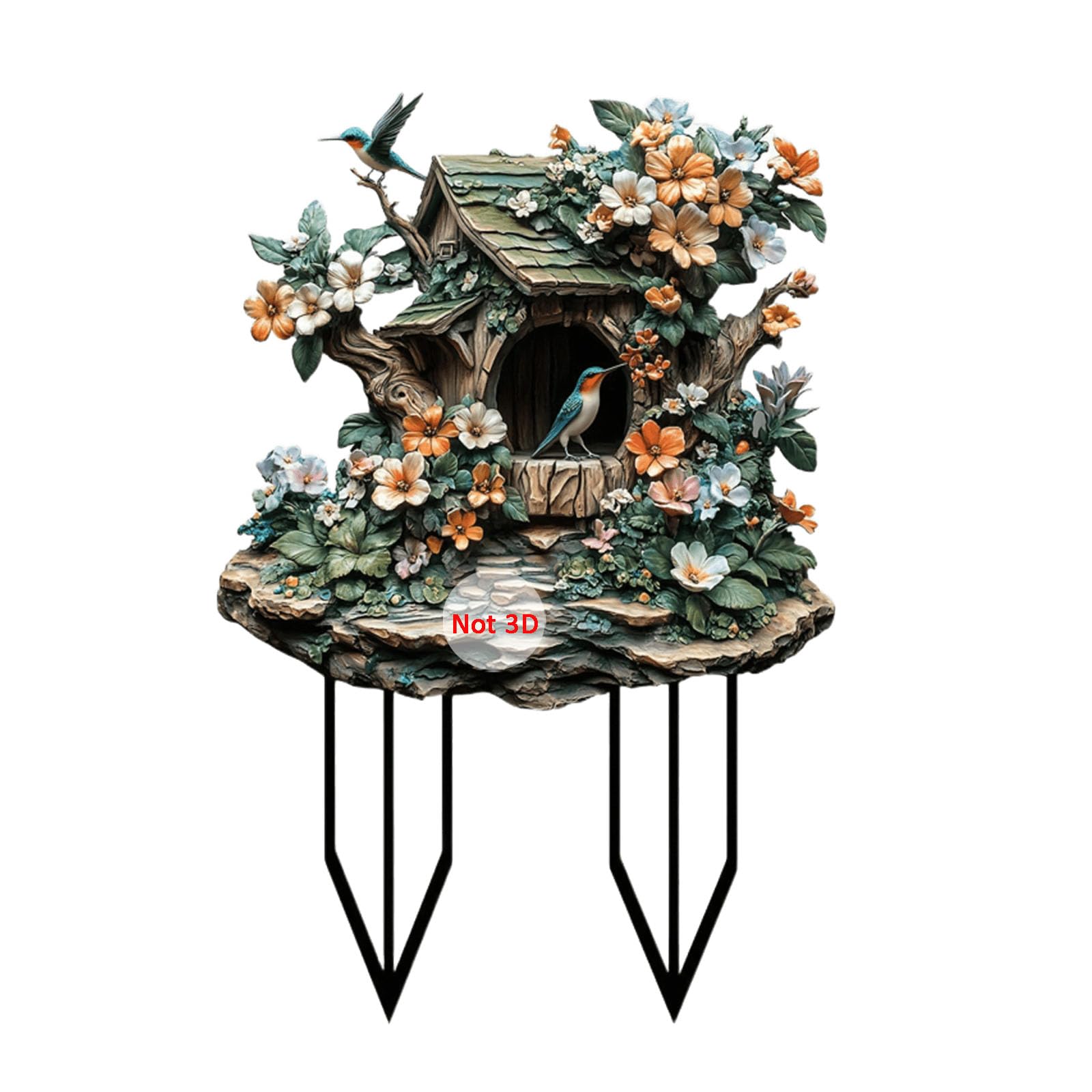 ANNUOZE Hummingbird Garden Stake Decor, 2D Flat Acrylic Birds Sign, Small Animal Ornament Indoor Outdoor Yard Lawn Pot Plant Decorative Accessories (Hummingbird & Birdhouse)