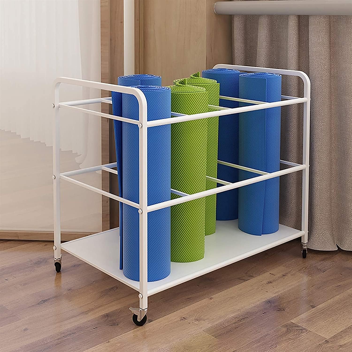 Katzowen Yoga Mat & Foam Roller Rack Shelf, Steel Heavy Duty Workout Mats Storage Cart with Wheels for Fitness Class, Home Gyms (Color : White)