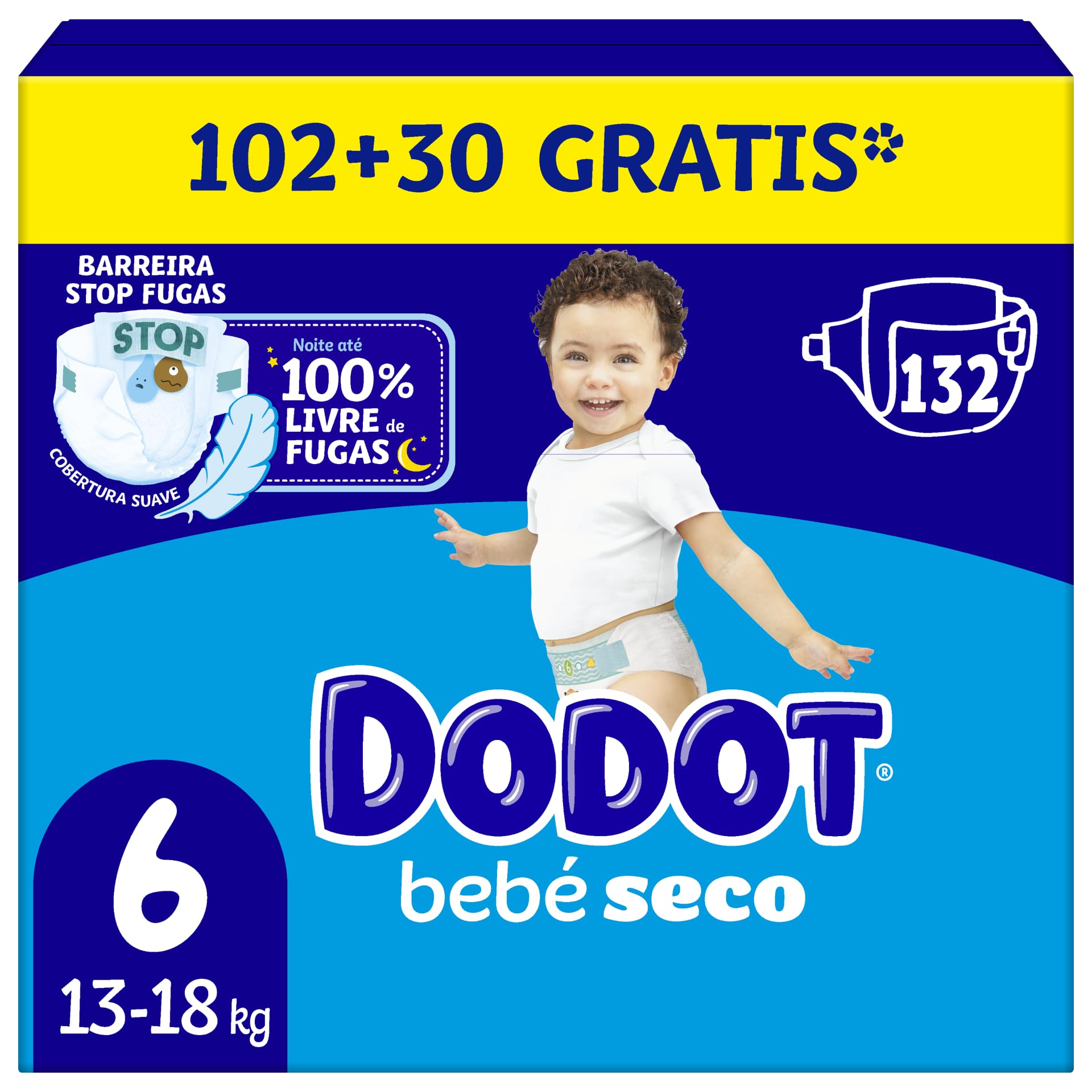 Dodot Pañales Bebé-Seco, Talla 6 (13-18 kg), 132 Pañales + Regalo de 1 Pack de 10 Toallitas Aqua Pure 99% Agua, Una Noche Hasta Un 100% Libre De Fugas, Pack mensual