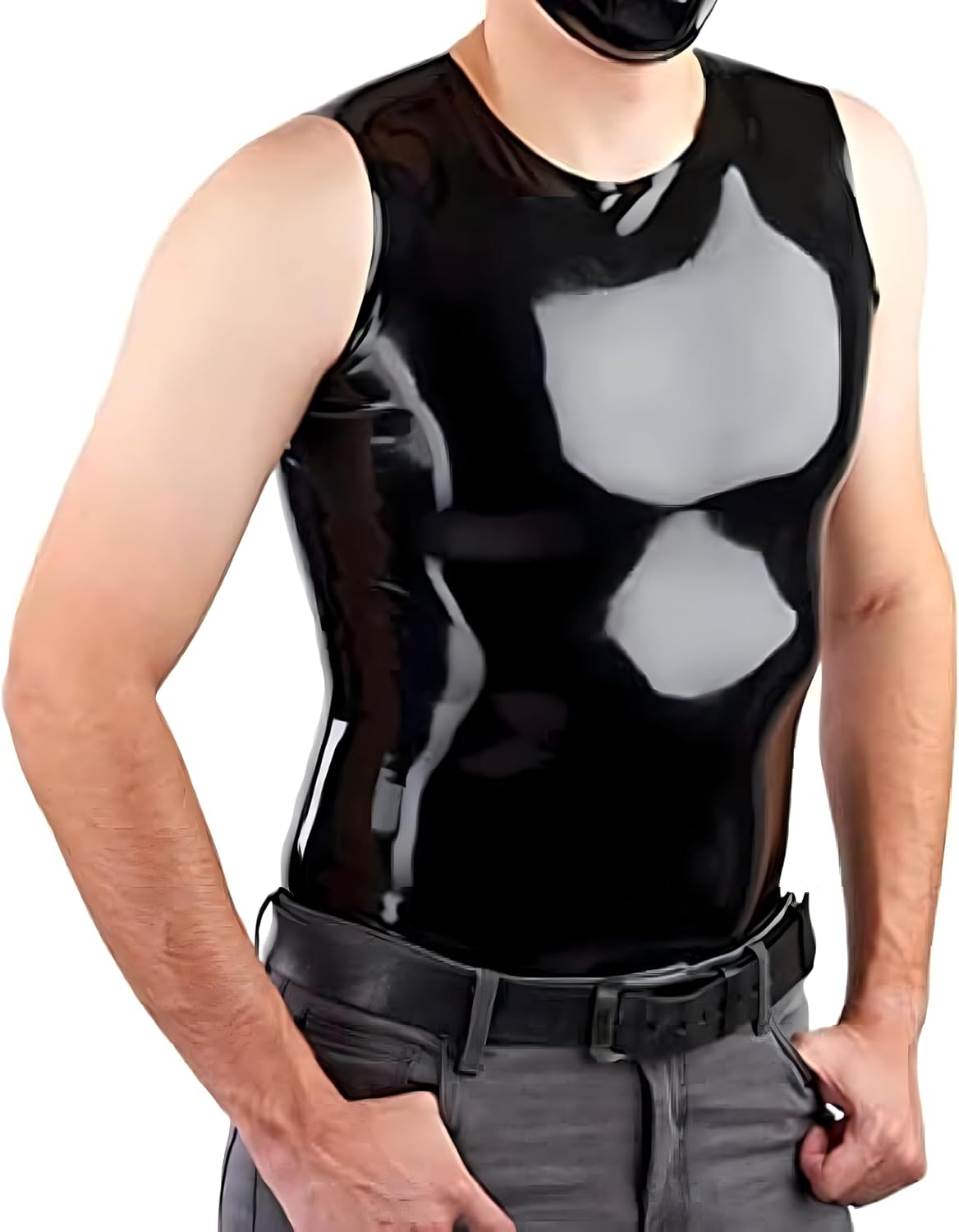 Men Latex Rubber O-Neck Vest Neck Sleeveless Vest Top Classic Shirt Crew Costume Male Tops