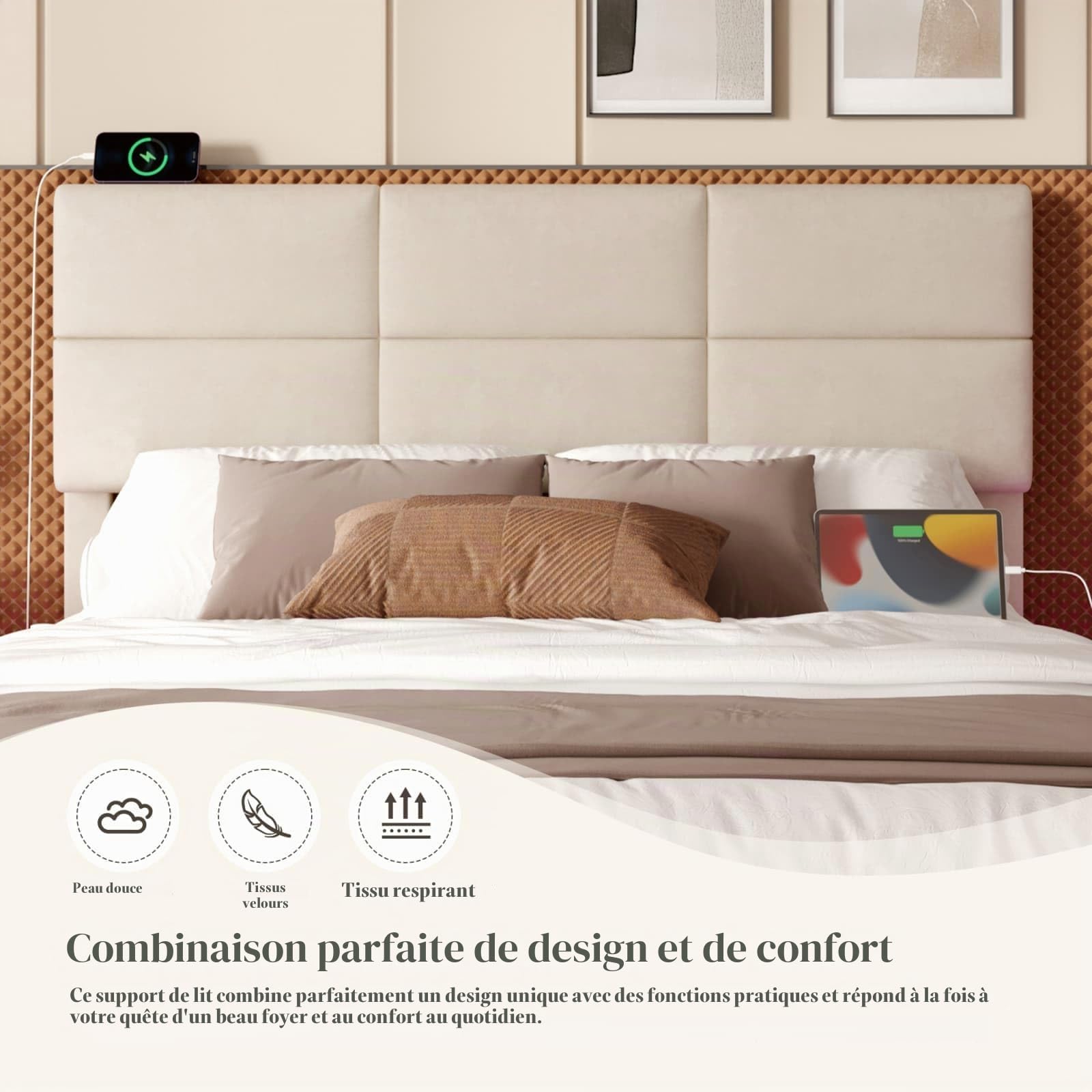 Sweiko Lit Armoire Moderne en Velours 140x200cm, Cadre de Lit de Rangement Hydraulique avec Tête de Lit Réglable en Hauteur USB et Connexion C LED (Beige)