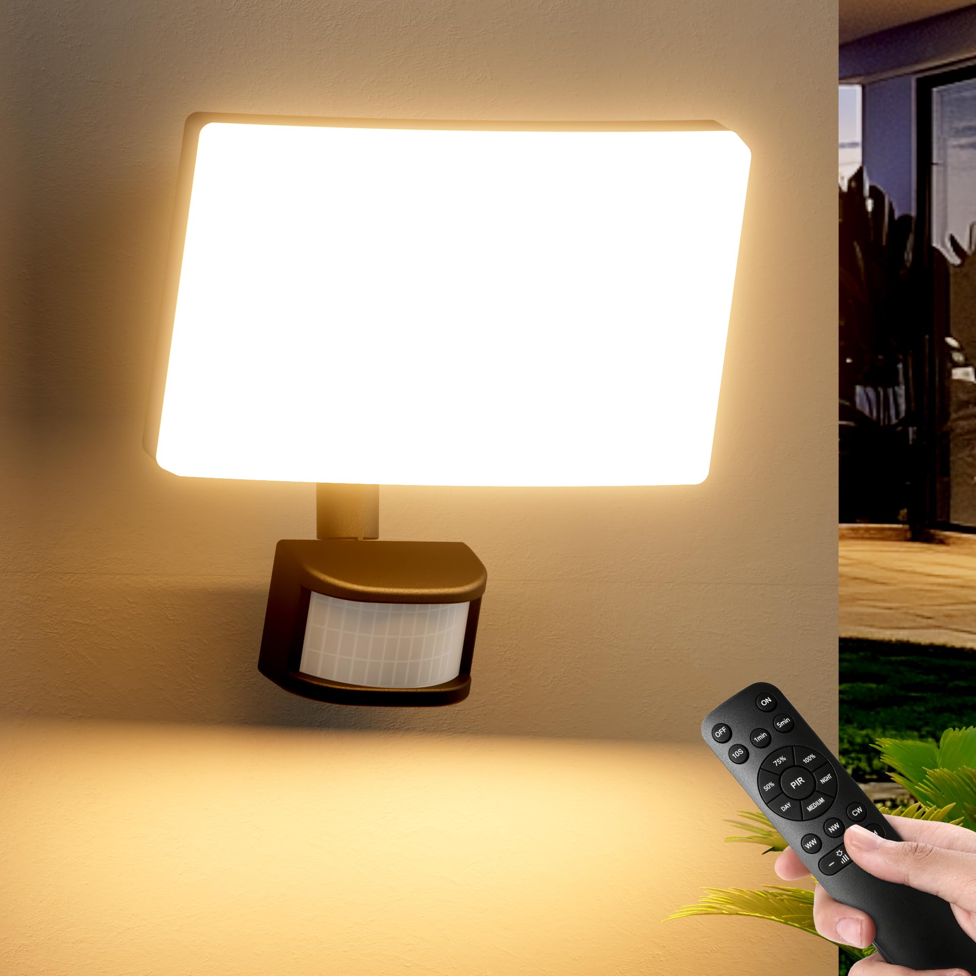 brightower aussenlampe mit bewegungsmelder, 30W LED Strahler, 3 Farbtemperaturen, 10 Helligkeitsstufen, Timer‑Funktion & Fernbedienung, IP65 wasserdichte Außenleuchte für Balkon