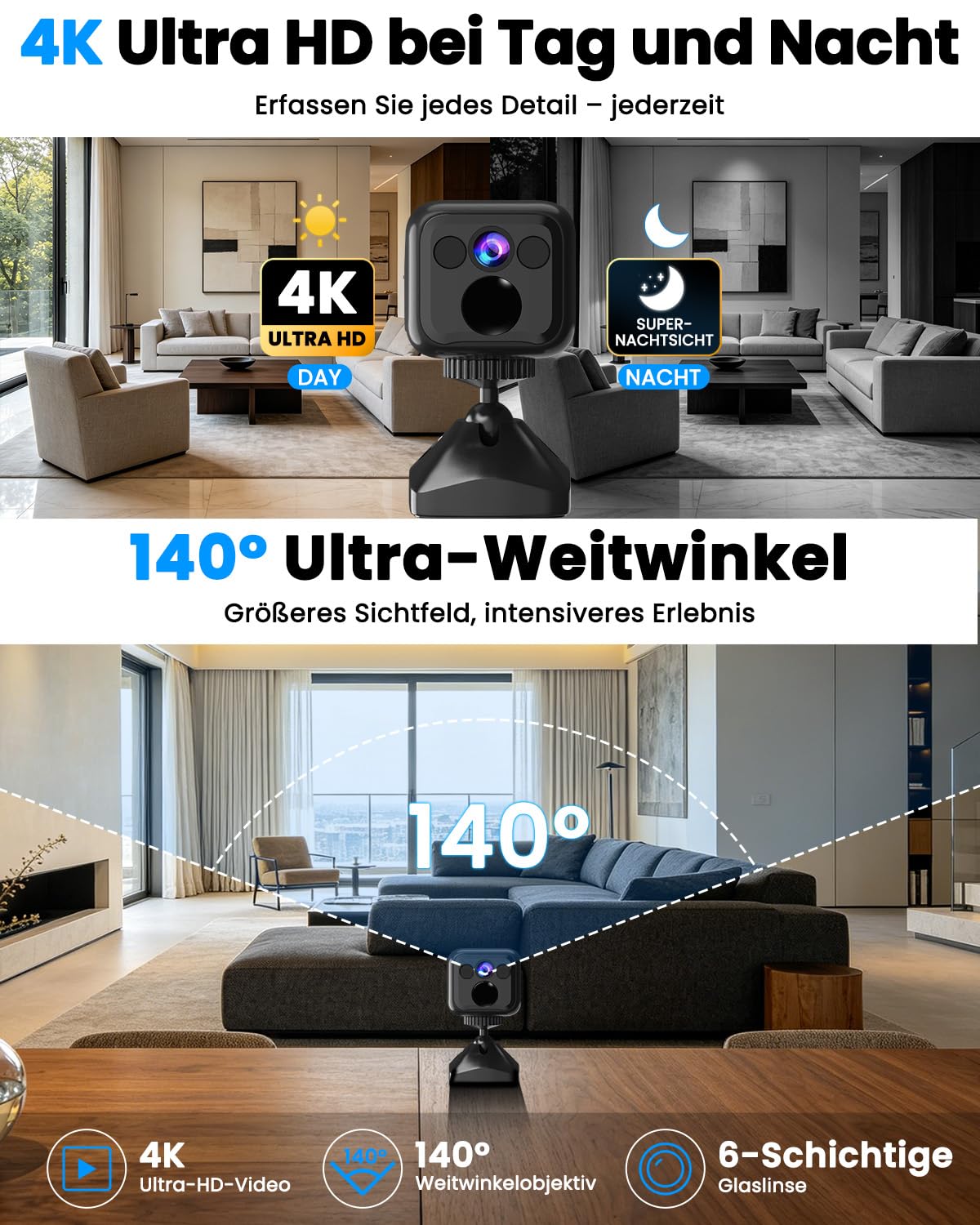 Mini Kamera Überwachungskamera Innen Ohne Wlan, WiFi & AP Hotspot, Kamera Überwachung Außenbereich Akku, 160 Tage Standby, Weitwinkel, Nachtsicht, Kabelloses Kamera für Haus/Haustier, Tiefschwarz