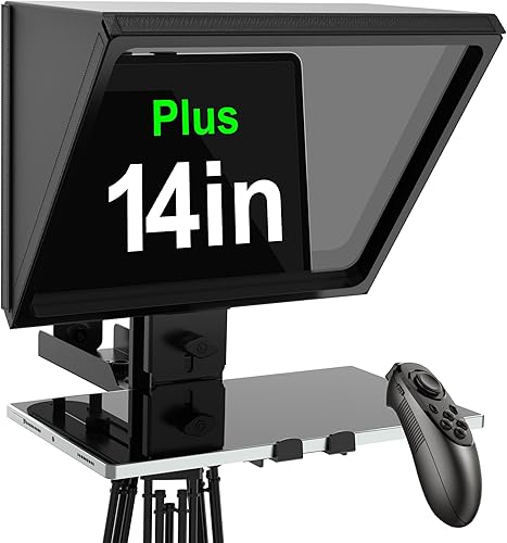 ILOKNZI Teleprompter de 14 pulgadas para cámara, con aplicación de teleprompter remoto, indicando compatible con iPad de 14 pulgadas o más pequeño,