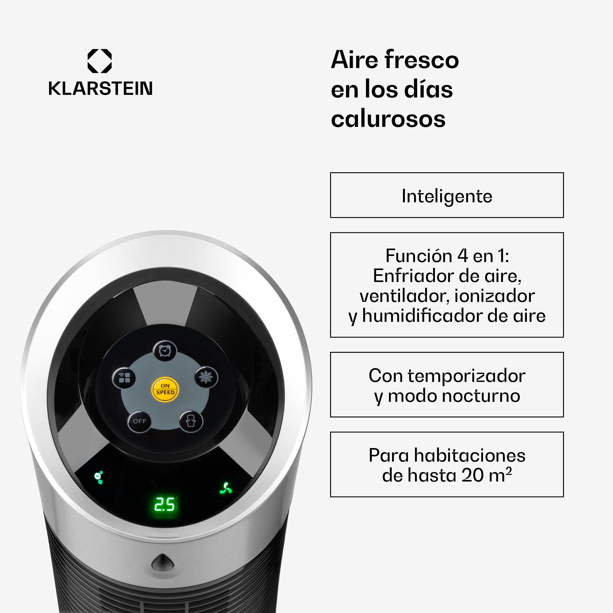 Klarstein Skyscraper Ice Smart Climatizador Evaporativo – 4 en 1: Ventilador, Enfriador, Purificador & Humidificador, 180 m³/h, Control App & Alexa, Depósito 6L, Oscilación, Ionizador, Negro