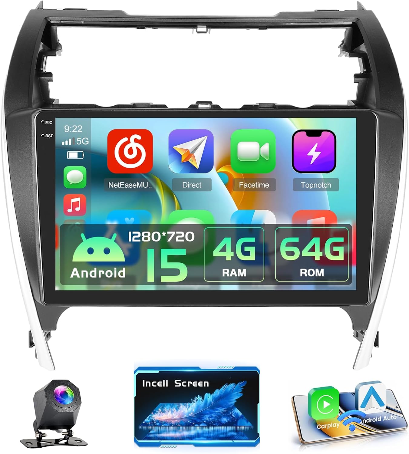 4+64G Car Stereo for Toyota Camry 2012 2013 2014,10.1 Inch in-Cell Android 15 Touchscreen Car Radio Wireless CarPlay 5G WiFi Android Auto GPS SWC FM RDS Bluetooth+Free AHD Cam