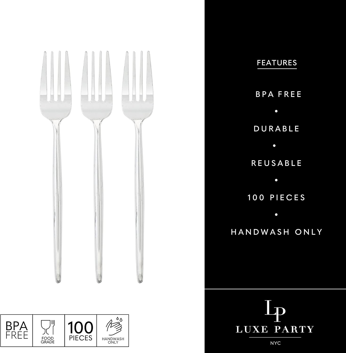Luxe Party 100 Pieces Premium Plastic Disposable Forks | Matrix Collection | Solid | Full Size | Metallic Silverware | Smooth Finish | Silver