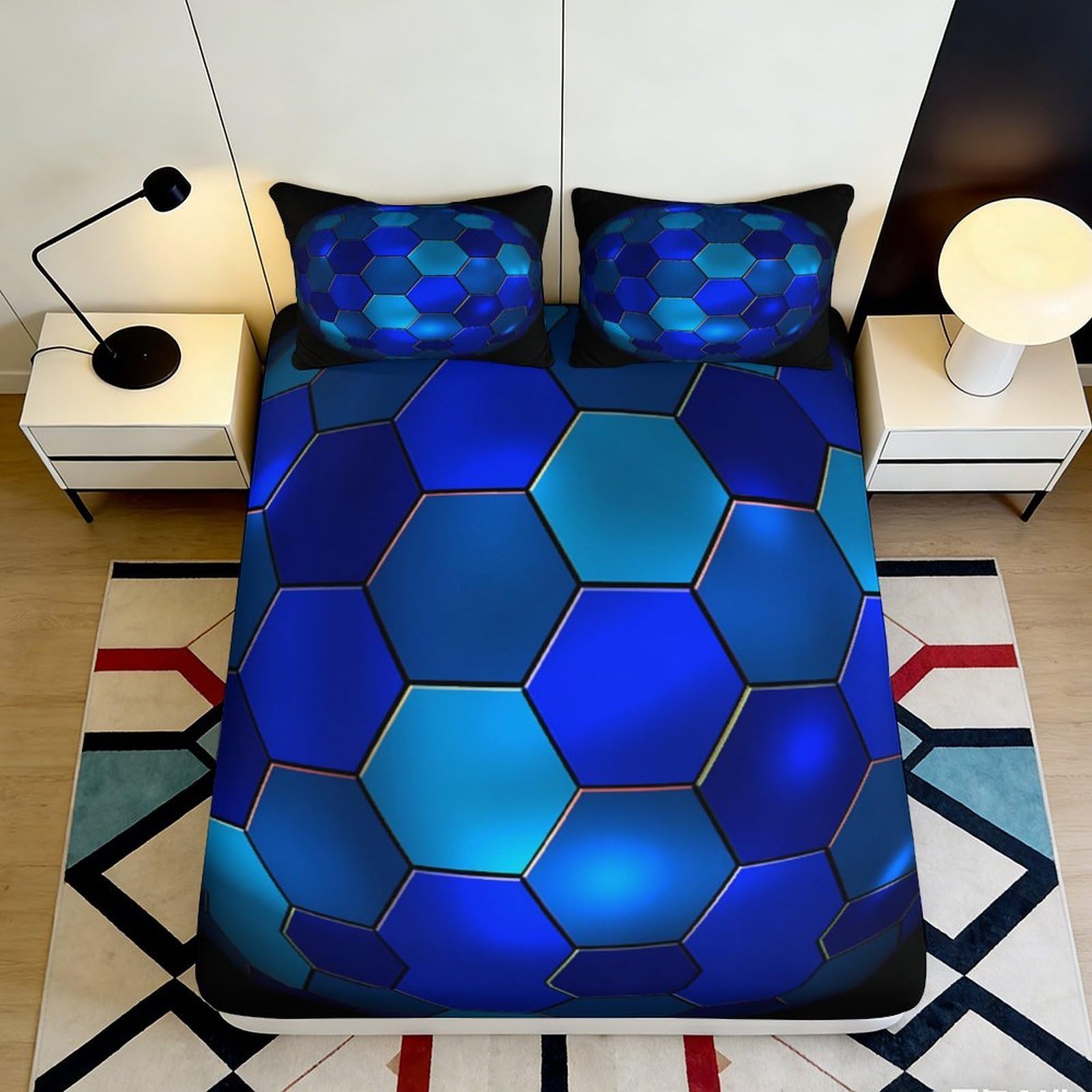 3D Printed Hexagon Blue Fitted Sheet Microfiber Soft Bed Cover for Bedroom Dorm Mattress Protection Decor 90x200x25cm
