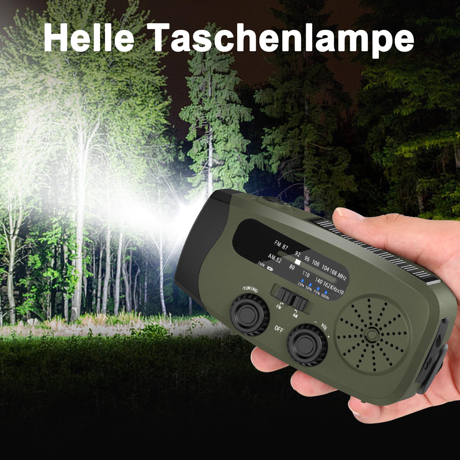 Notfall Kurbel Radio, 2000mAh/7400mWh Akku Kurbelradio Solar Batterie Power Bank USB AM/FM Radio mit SOS-Alarm Taschenlampe, 3-Wege-Laden Notfallradio, Innen Außen Camping Klein Taschenradio