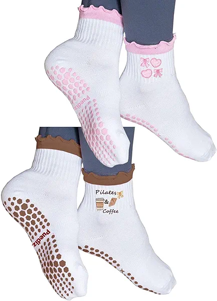 Puedizux Women Cute Pilates Socks Grip Crew Yoga Socks Ruffle Cuff Embroidery Pattern Workout Ballet Socks