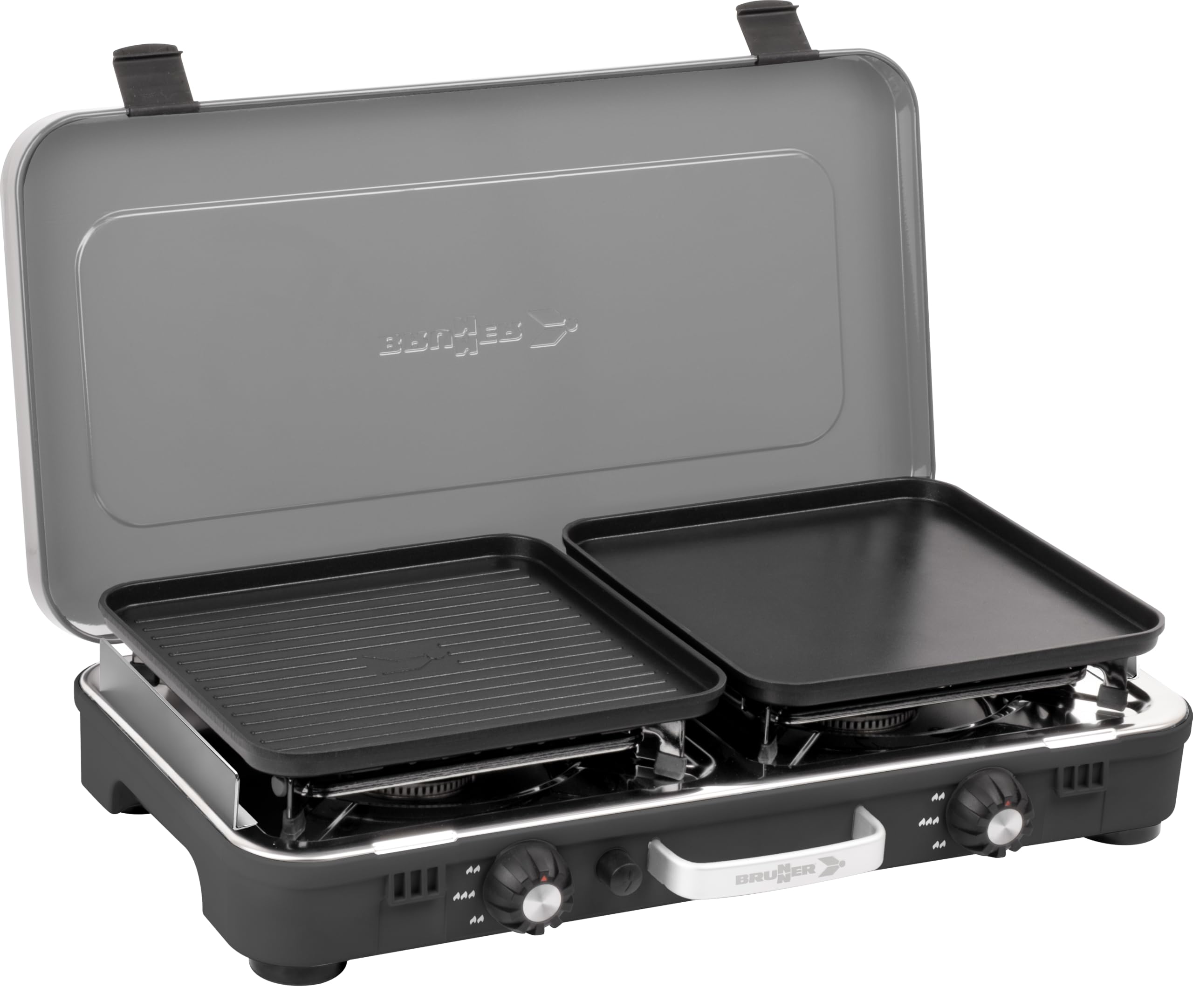 Brunner Devil Powerkook GP - Estufa de Gas con 2 quemadores y Placas antiadherentes, 2 × 2,4 kW, Encendido piezoeléctrico, portátil, 30 mbar, Ideal para Camping y autocaravanas