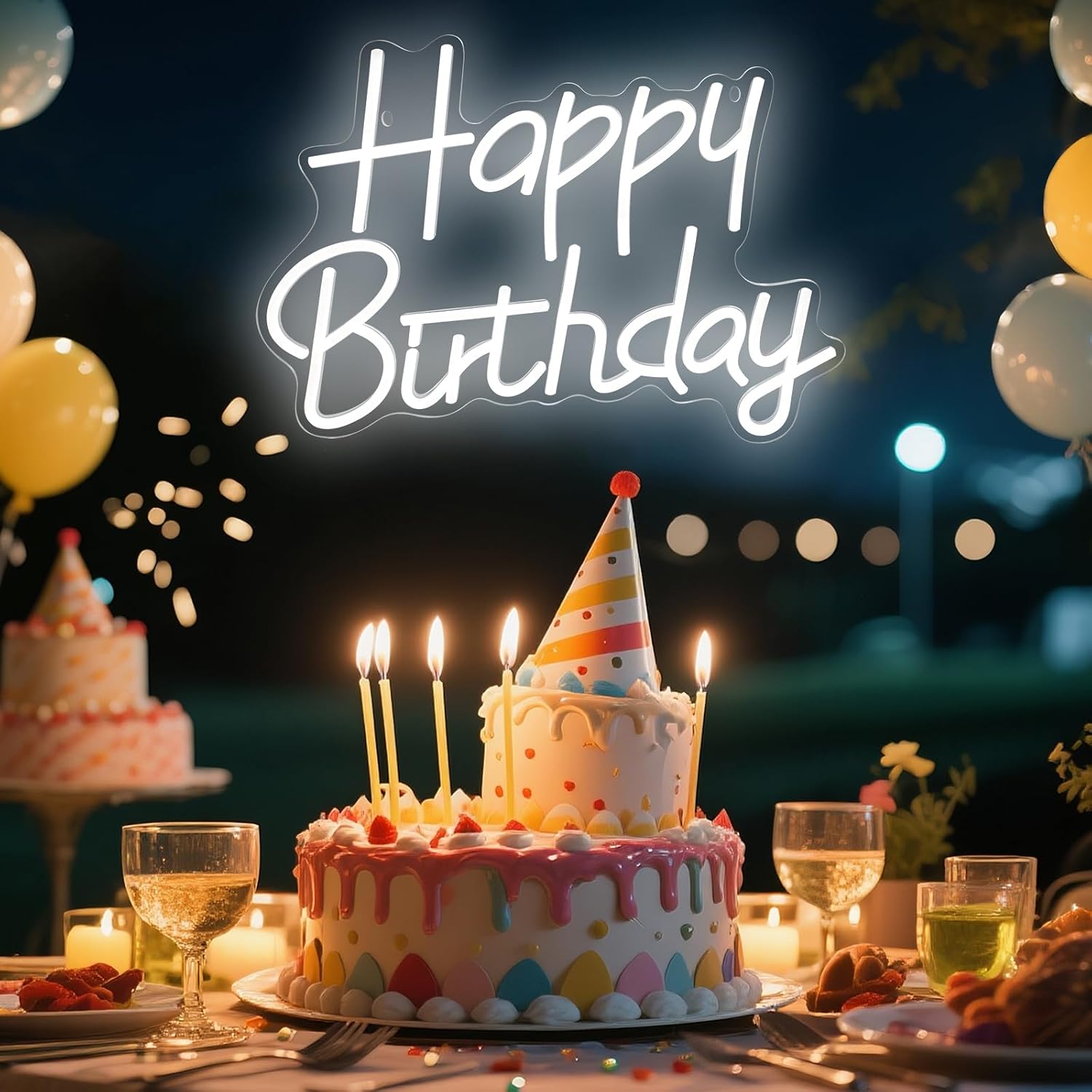 Happy Birthday Neon Signs for Party Decor Dimmable LED Birthday Neon Light for Wall Decor Light Up Happy Led Signs for Backdrop Birthday for Any Ages Bday Celebration, White image 2