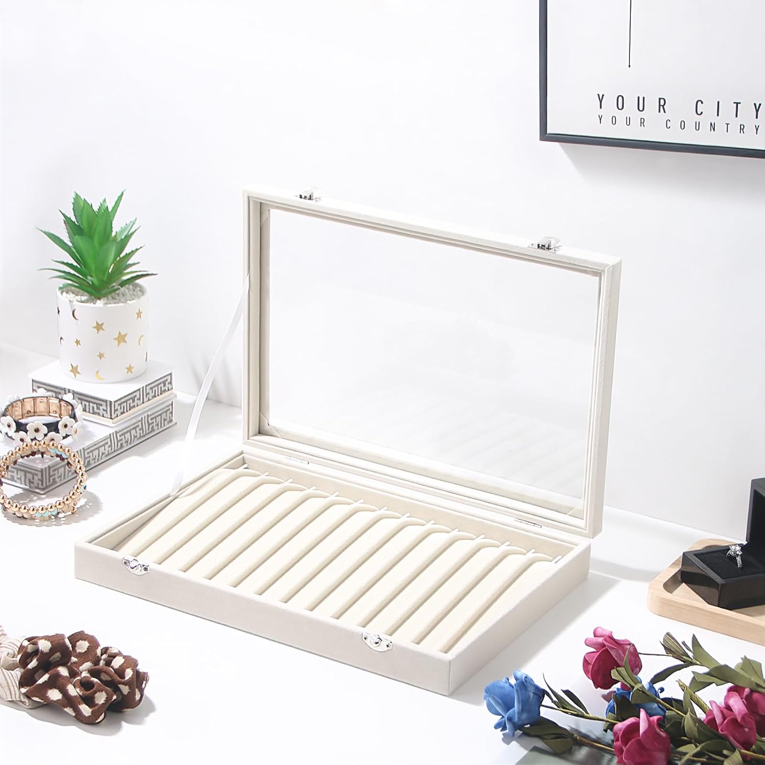 14 Hooks Necklace Storage Tray, Velvet Neckalce Organizer Box with Clear Lid, Pendant Chain Necklace Jewelry Organizer Drawer Tray for Women Girls (Beige) - Image 4