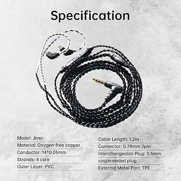 QOA Kinera Celest Jimo IEM Cable, 3.5mm Headphone Extension Cables with Microphone, 4 Core High Purity Oxygen-Free Copper Silver Plated Headphone Replacement Cable In-Ear Monitor for Headphone