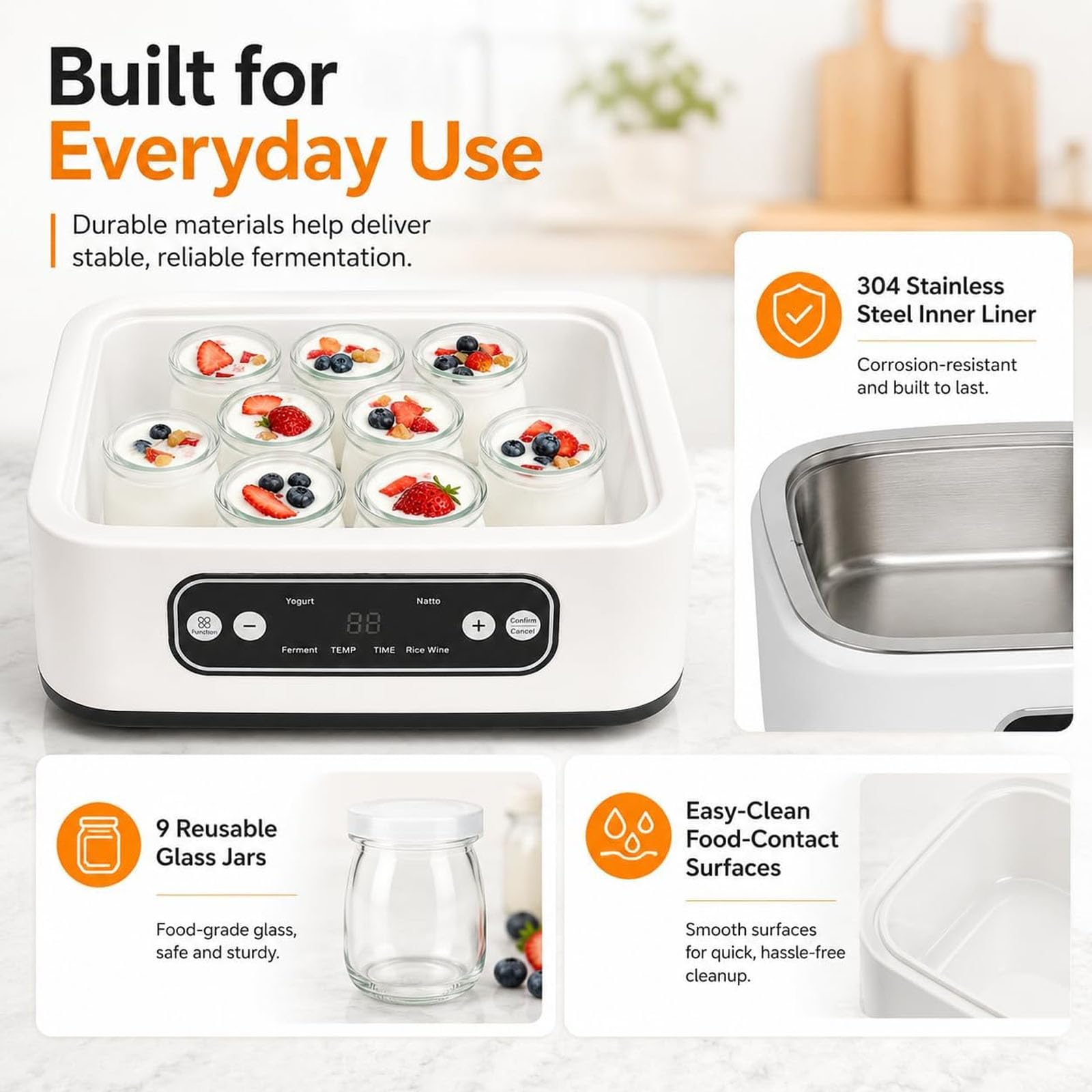 Yogurtiera con controllo regolabile di tempo e temperatura, con 9 vasetti in vetro da 100 ml, spegnimento automatico e temperatura costante, ideale per preparare dessert greci fatti in casa