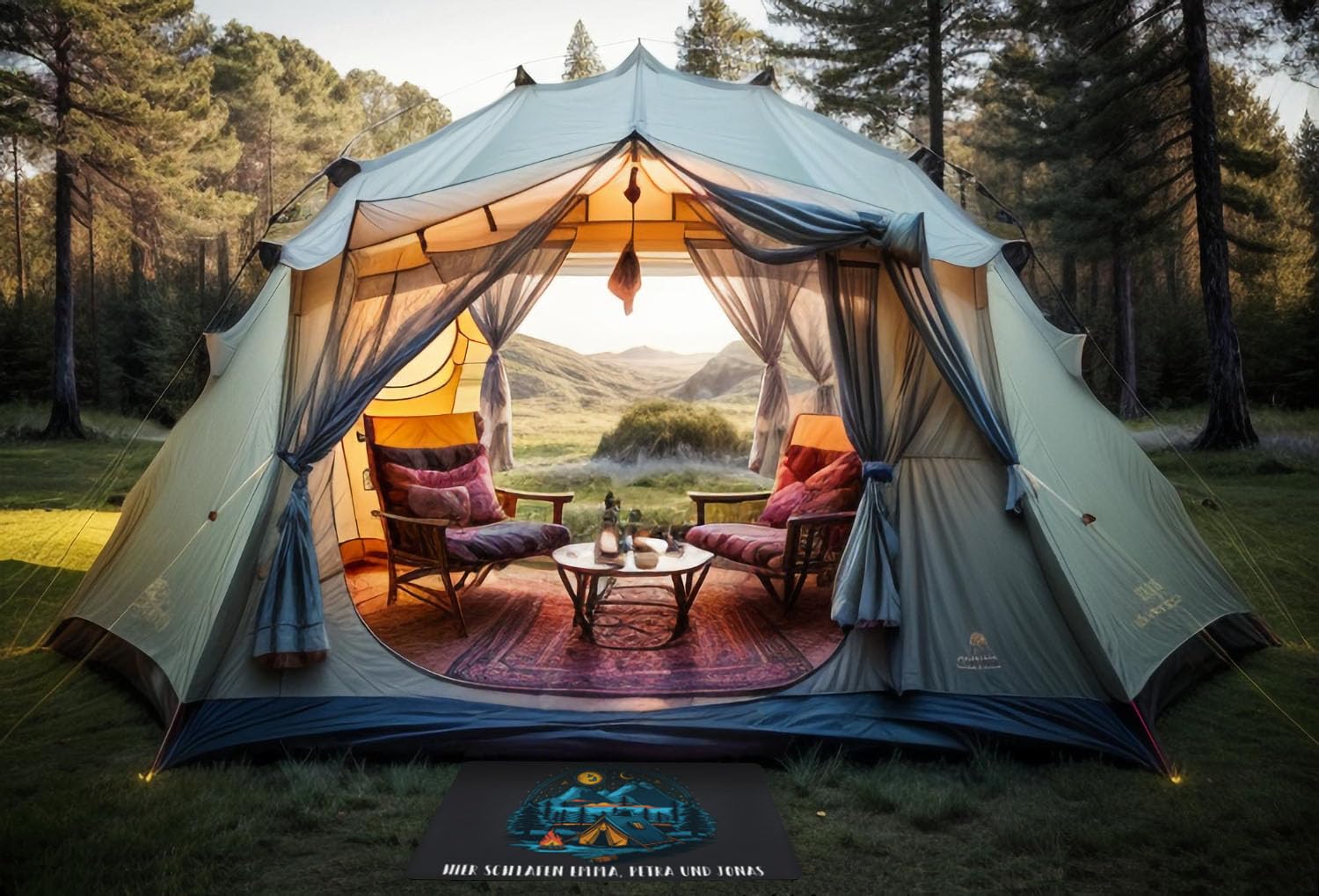 PERSONALISIERTE Fußmatte für Camper; Waschbarer lustiger Fußabstreifer für Innen und Außen, 45 x 75 cm, ideal als Zubehör für Wohnmobile, Zelte und Autokaravans, Motiv Zelten bei Bergen [140]