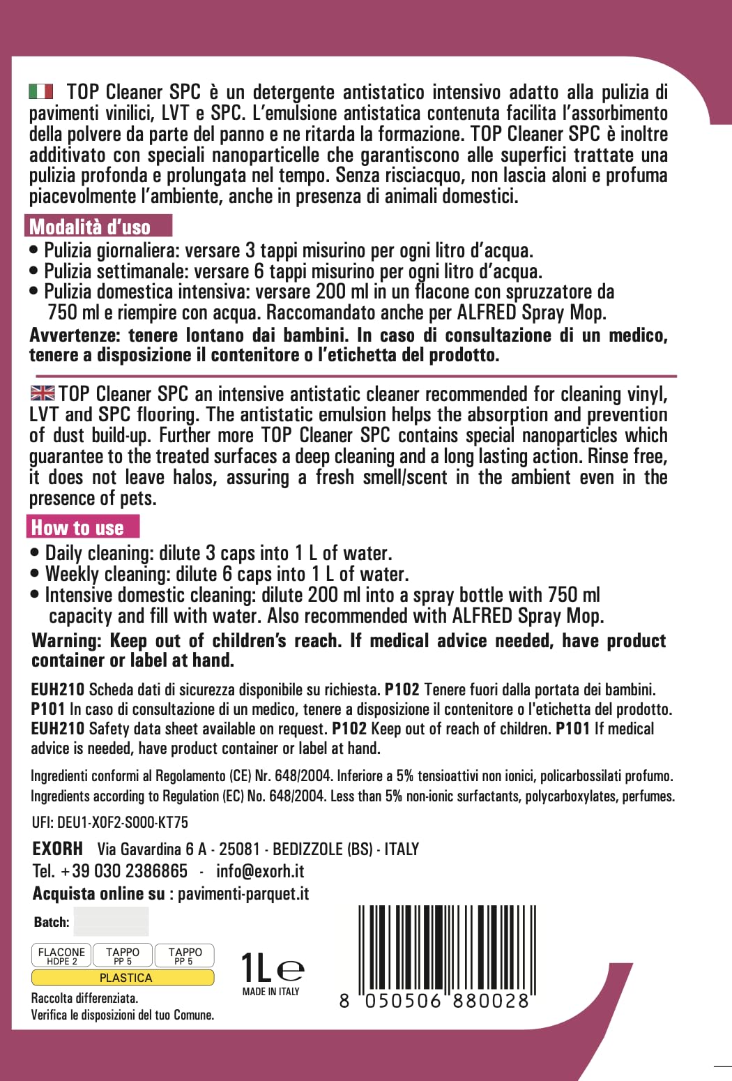 TOP CLEANER SPC Detergente Antistatico Adatto alla Pulizia di Pavimenti SPC - LVT e Vinilici Confezione da 2 Litri