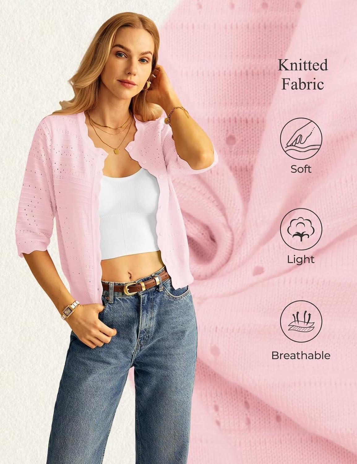 GRACE KARIN Womens 3/4 Sleeve Cardigan Sweater, Lightweight Cropped Cardigan Trendy, Dressy Casual Crochet Bolero Shrugs - Image 5