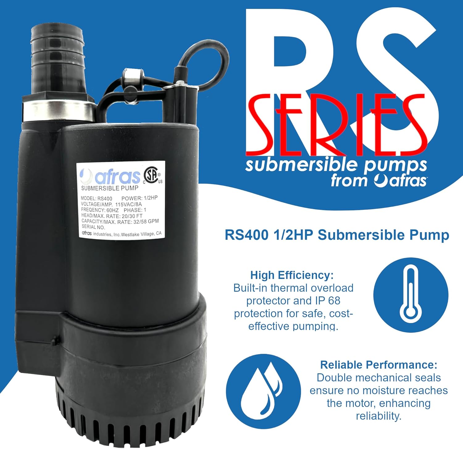 Afras RS400 1/2 HP Submersible High Efficiency Sump Pump