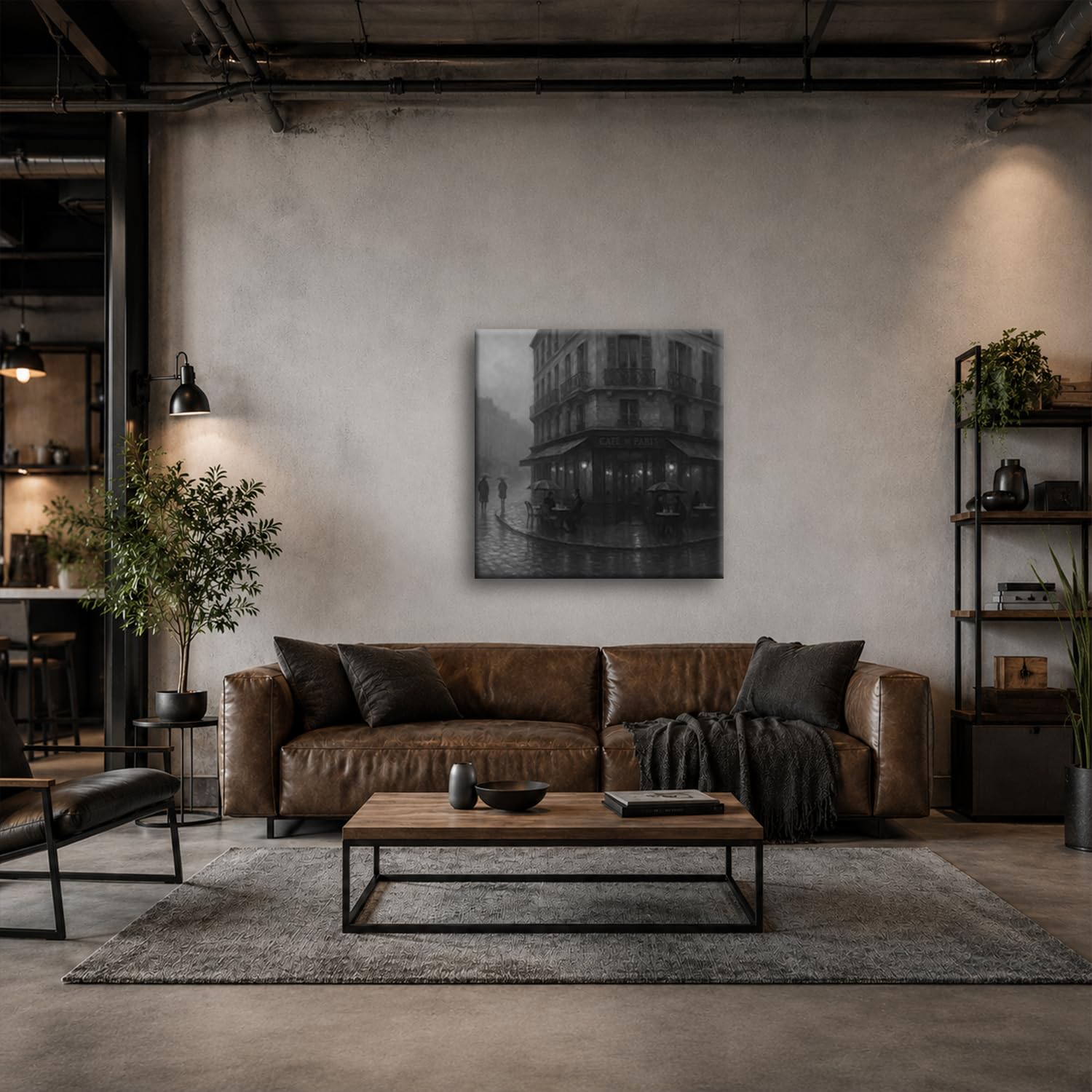 deyoli Obraz na płótnie Deszczowy wieczór przed kawiarnią Paryż 40 x 40 cm czarno-biały | Kwadratowy jednoczęściowy druk artystyczny XXL na blejtramie | obraz na płótnie | obraz ścienny | dekoracja salonu