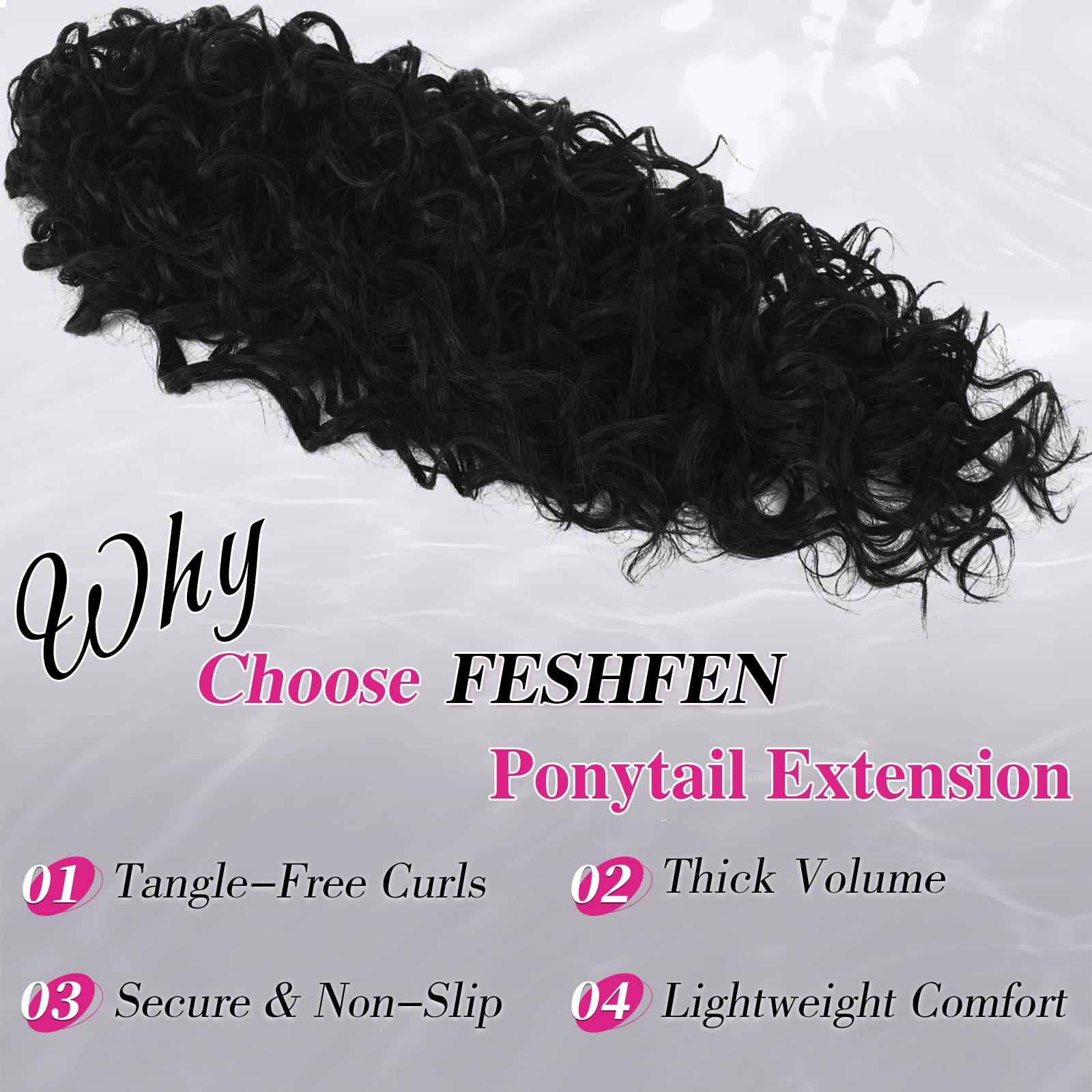 FESHFEN Coletas Postizas Rizado con Pinza - Coleta Postiza Pelo Negro Natural Ondulado Larga Ponytail Clip de Extensiones de Cabello Sintético Cola Postizos para Mujeres, 65 cm