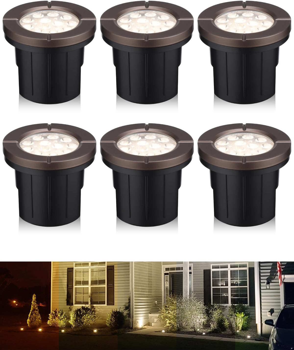 Dia. 4 Inch 5CCT Well Lights Landscape LED In Ground, 5 Color Temperature Selectable, 12-24V AC/DC CRI90 Low Voltage Outdoor Garden Landscaping, Aluminum Housing, Oil Rubbed Bronze, Pack of 6