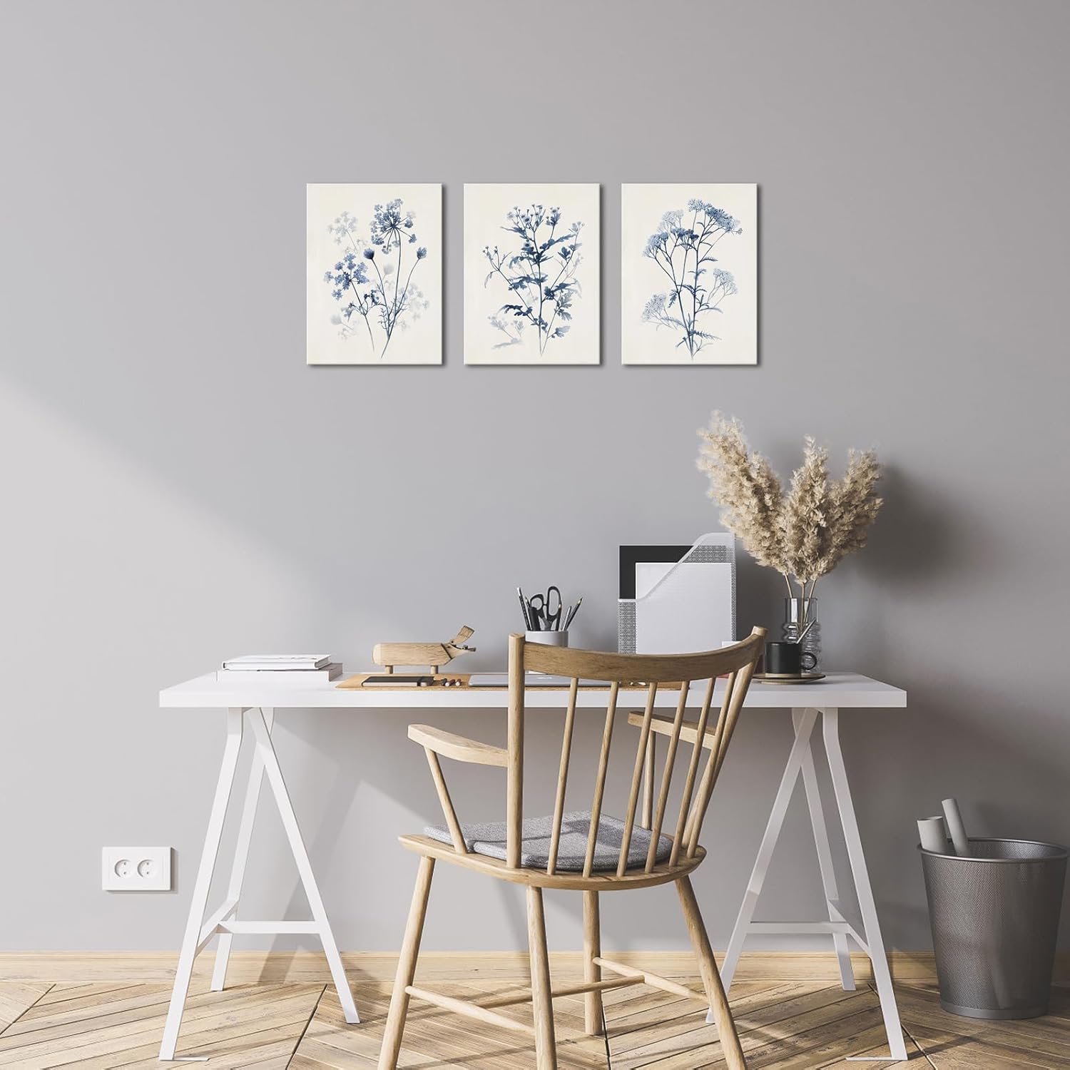 LoveHouse Blue and White Canvas Wall Art Blue Leaves Painting Prints Watercolor Blue Pictures for Bathroom Decor
