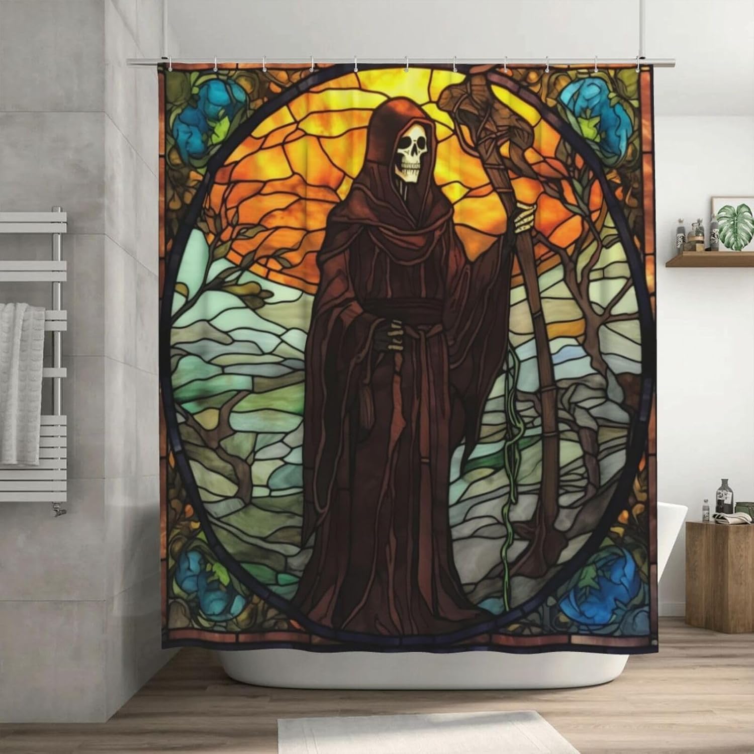 Death Skull Shower Curtain for Bathroom, Black Glass Art Boho Shower Curtain Set, Abstract Fabric Modern Waterproof Bathroom Decor with 12 Hooks 72x72in YLATY5719
