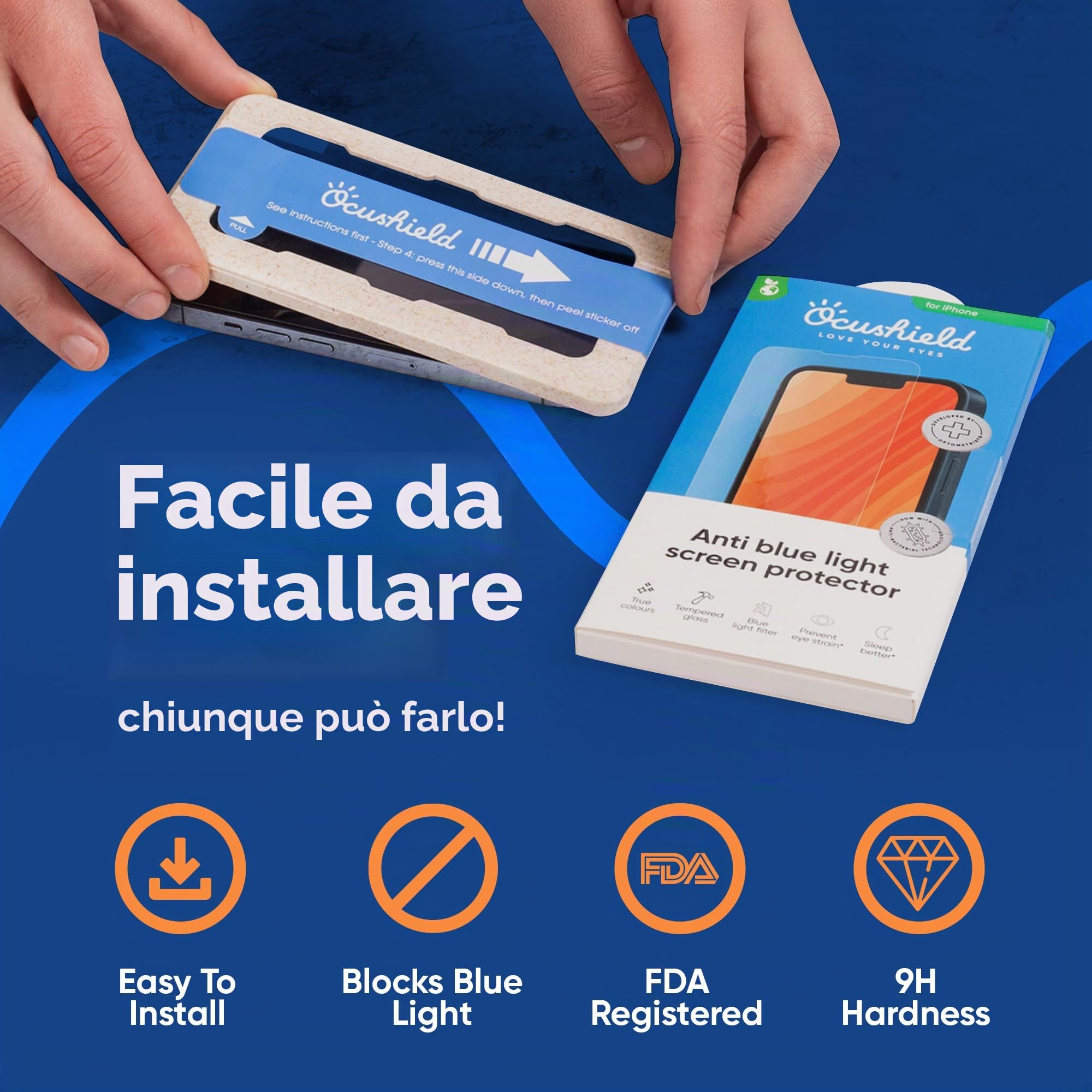 Ocushield Pellicola proteggi schermo in vetro temperato anti luce blu per iPhone 11 Pro/X/XS - dispositivo medico accreditato - protegge gli occhi e migliora il sonno