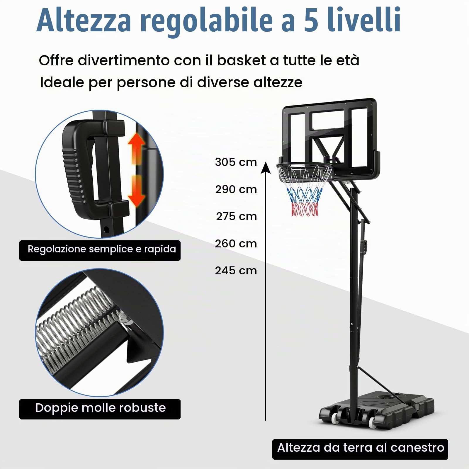 KOMFOTTEU Canestro Basket per Esterno in PE, 10 Livelli di Altezza Regolabile 143-305 cm, Supporto da Basket Portatile con Ruote, Base, Pallacanestro per Interni, per Bambini e Adulti