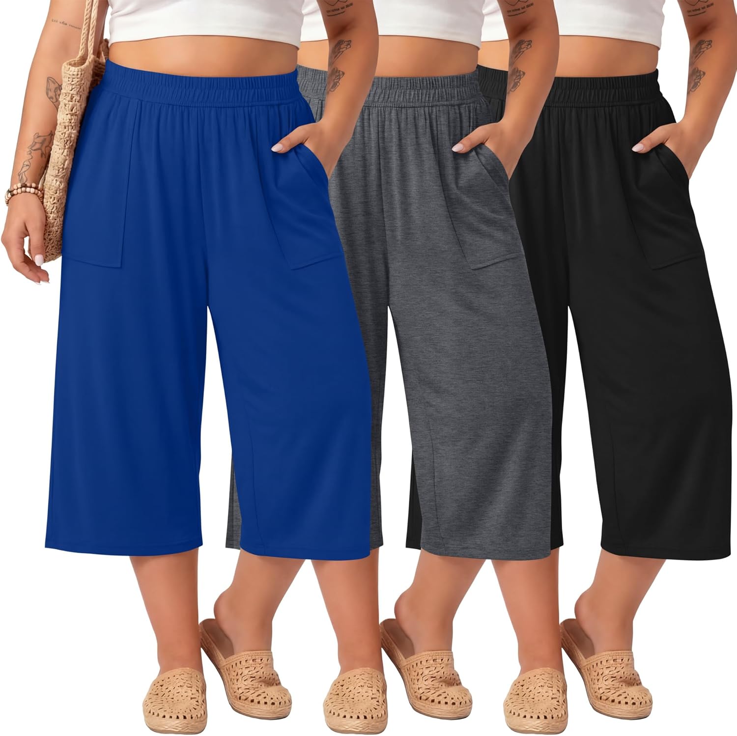 Neer 3 Pack Women Plus Size Capris Cotton Wide Leg Cropped Pants Casual Elastic Waist Loose Fit Lounge Sweatpants with Pocket