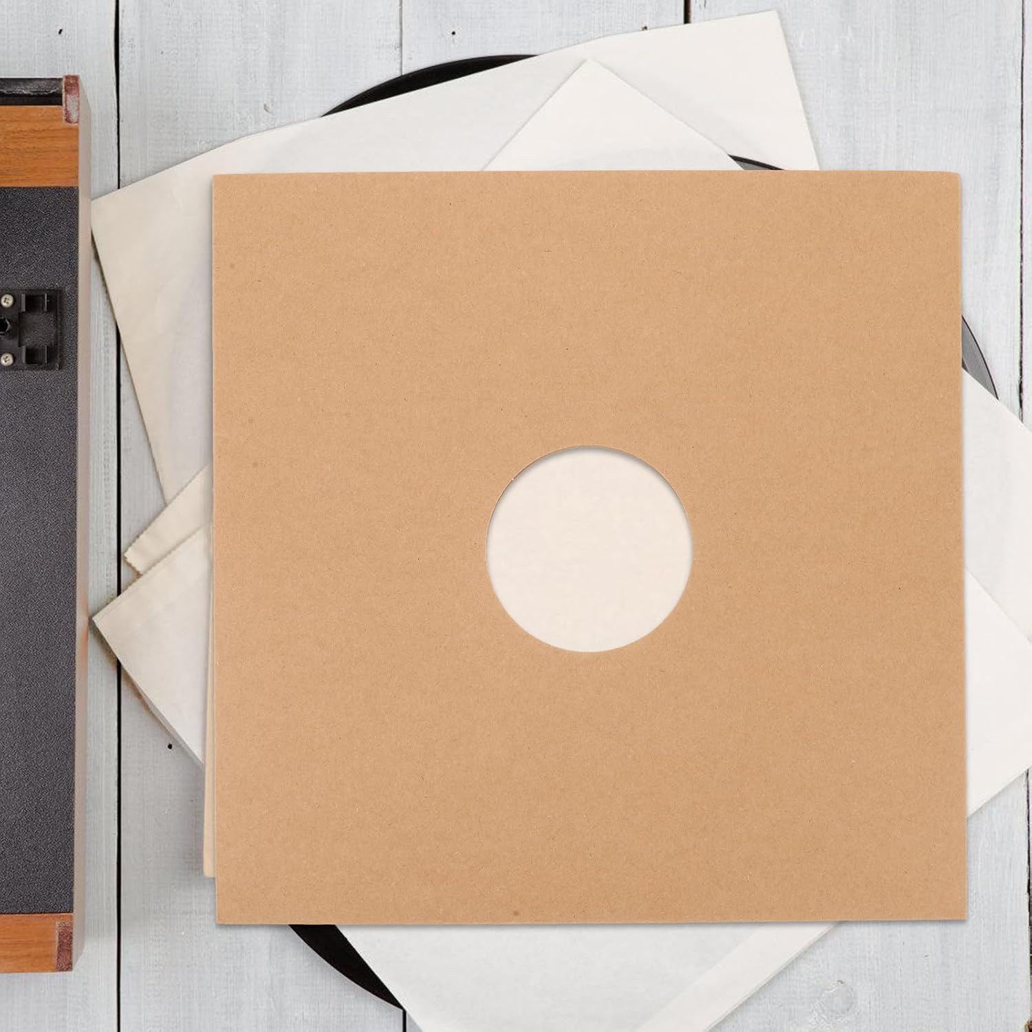 4pcs Inch Vinyl Record Sleeves Thick Paper Protective Sleeves | Kraft Paper Outer Jackets, Perforated Ventilation Holes, Right-angle Design for Organized Storage and Carrying