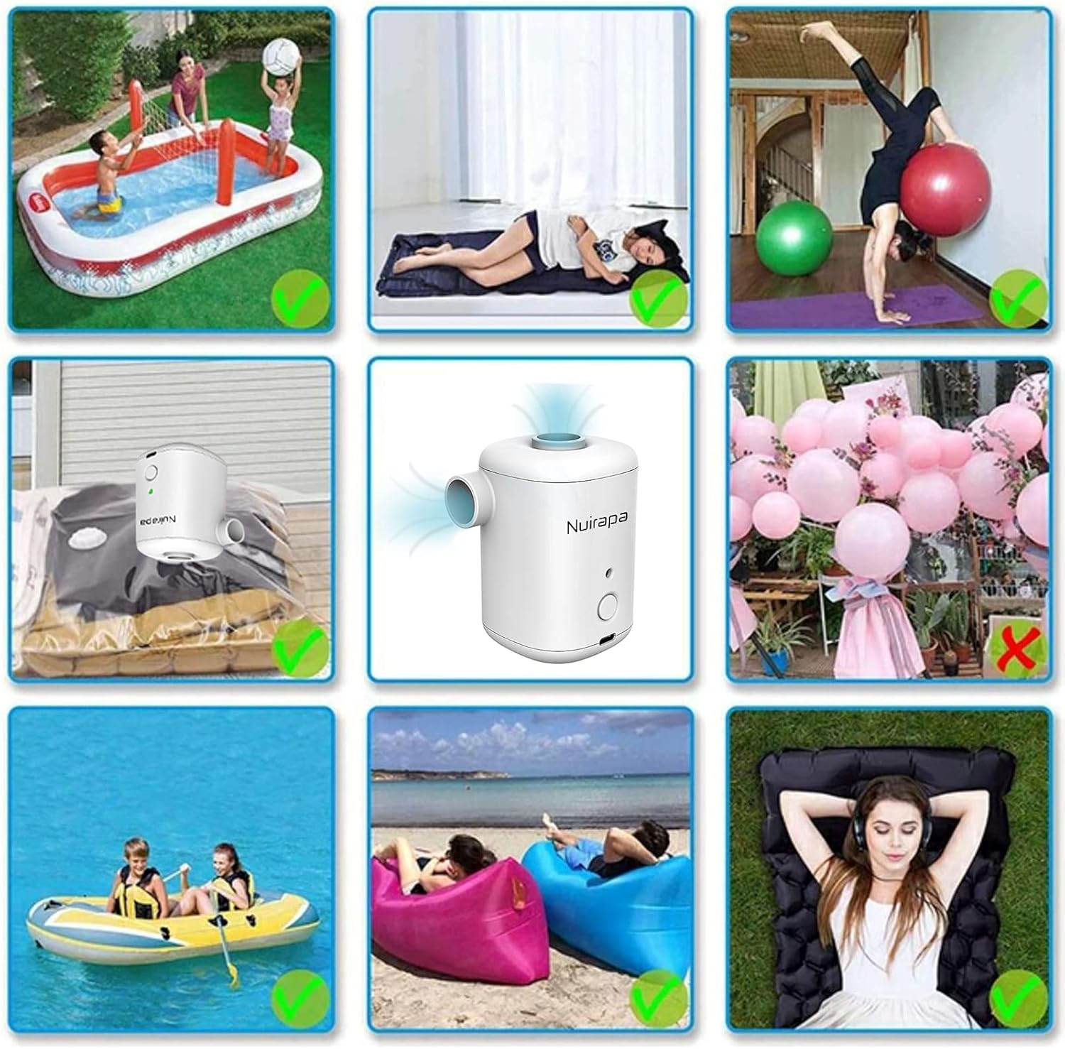 Nuirapa Electric Air Pump for Pool Inflatables 3000mAh Rechargeable Battery Air Mattress Pump Quick Fill Inflator Deflator with 3 Nozzles : Home & Kitchen