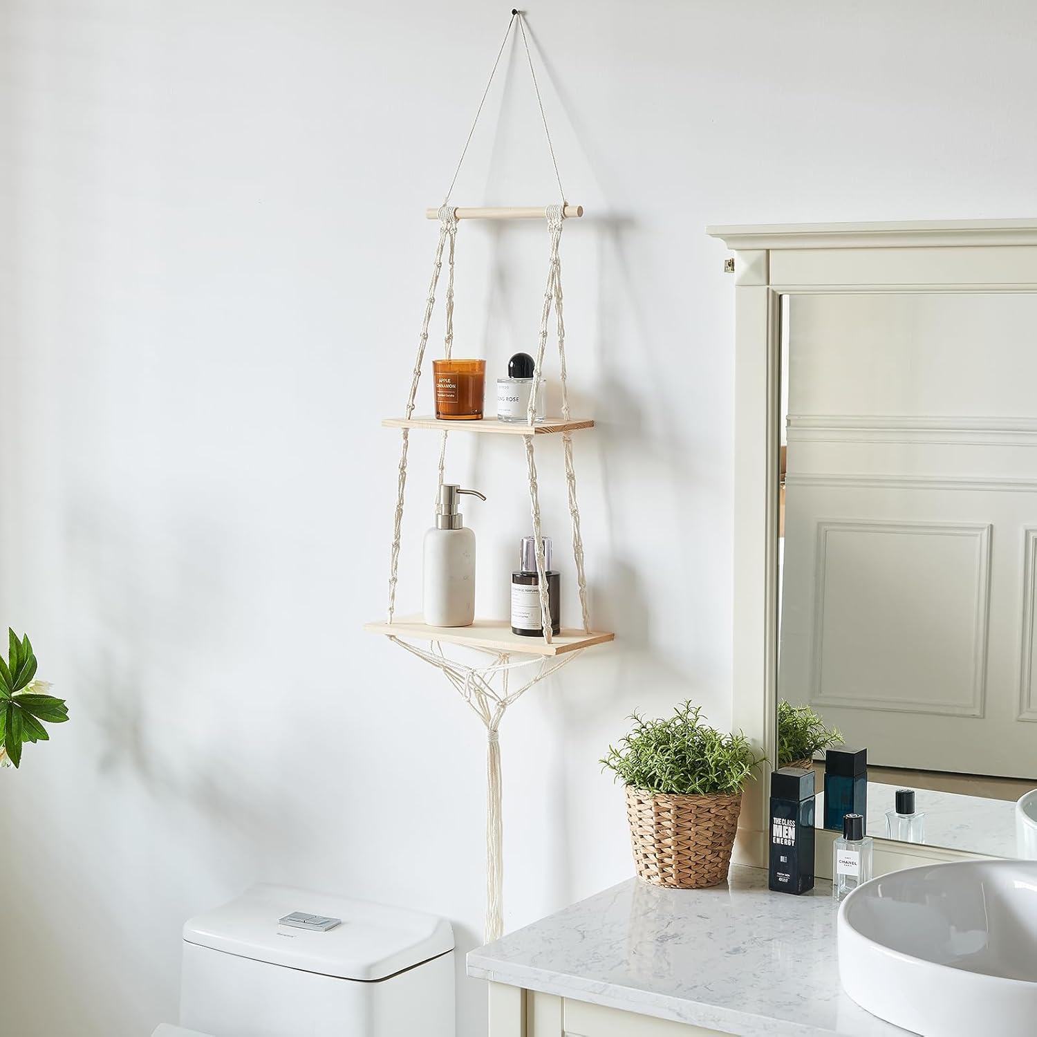 2 Tier Wooden Hanging Shelf, Boho Hand-Woven Cotton Wall Hanging Rack, Solid Wood Board, Featuring a Storage Net at The Bottom, Designed for Wall Mounting, Hanging Storage Shelves