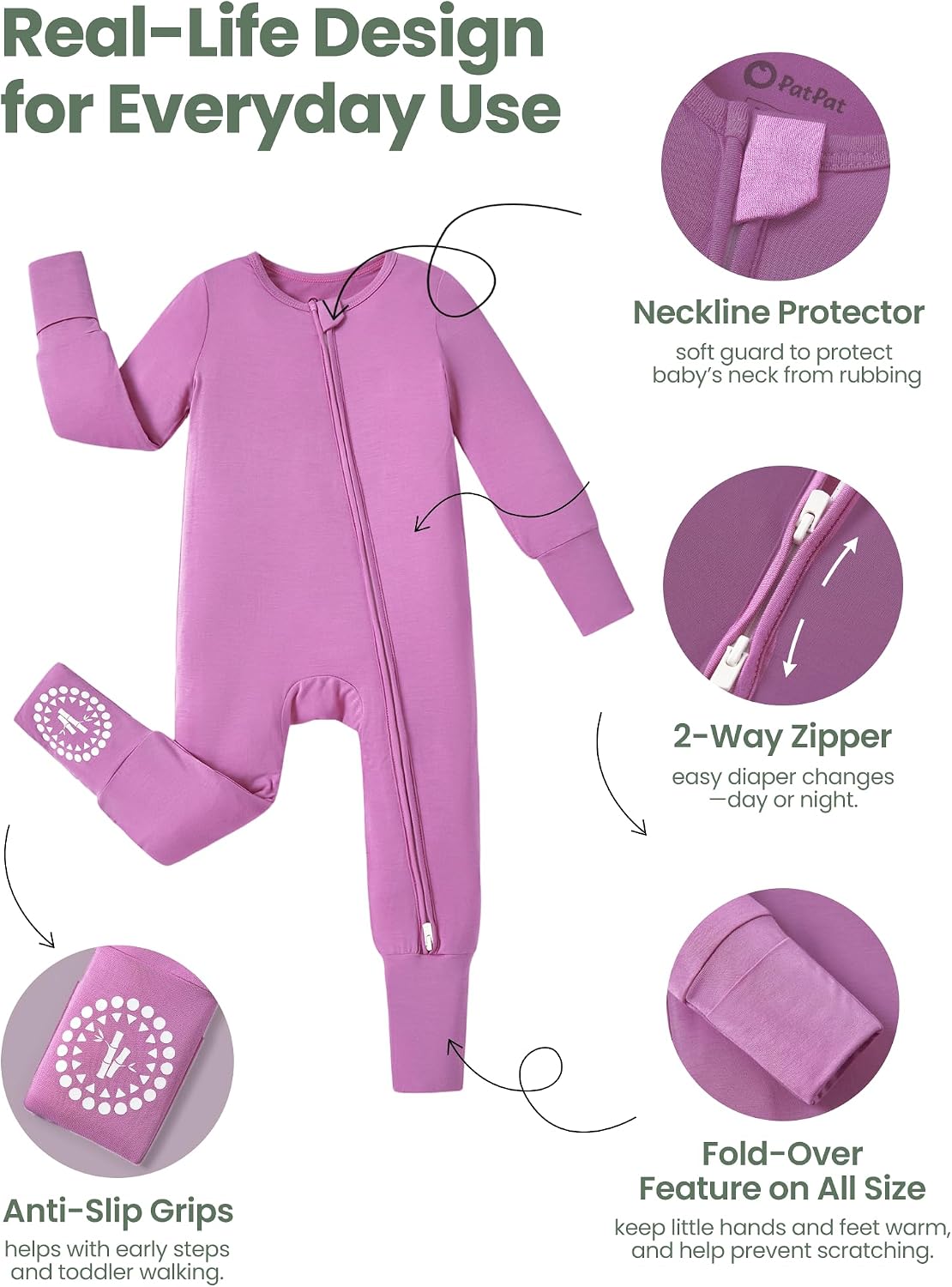 PATPAT Baby Footies Boys Girls - Bamboo Viscose - Zipper & Non-Slip Soles Romper Mitten - Footed & Footless Infant Clothes