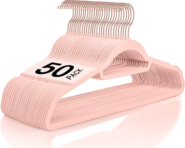 AVOS-DEALS-GLOBAL - 50 Hangers, Velvet Hangers, Suit Hangers, Non-Slip Velvet Hangers with Tie Bar, Space Saving Clothes Hangers, Heavy Duty Closet Felt Hangers, 45cm, Rose Gold Swivel Hook (Pink)