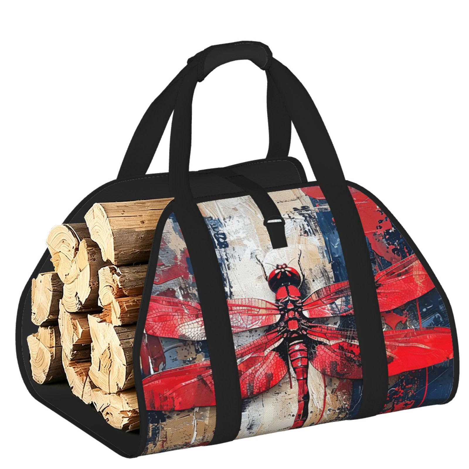 Ayyqwe Black Abstract Red Dragonfly Print Firewood Bag Wood Waterproof Versatile Camping Picnic Storage Daily Home