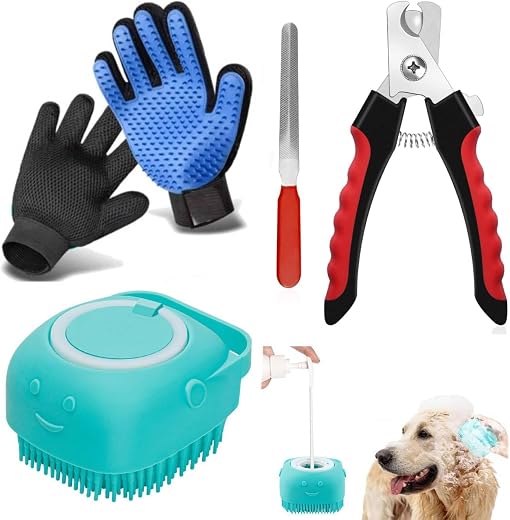 Dog &amp; Cat Grooming Kit 4-in-1 – Pet Deshedding Glove, Bathing &amp; Scrubber Glove, Nail Clippers with File &amp; Rubber Brush, Pr...