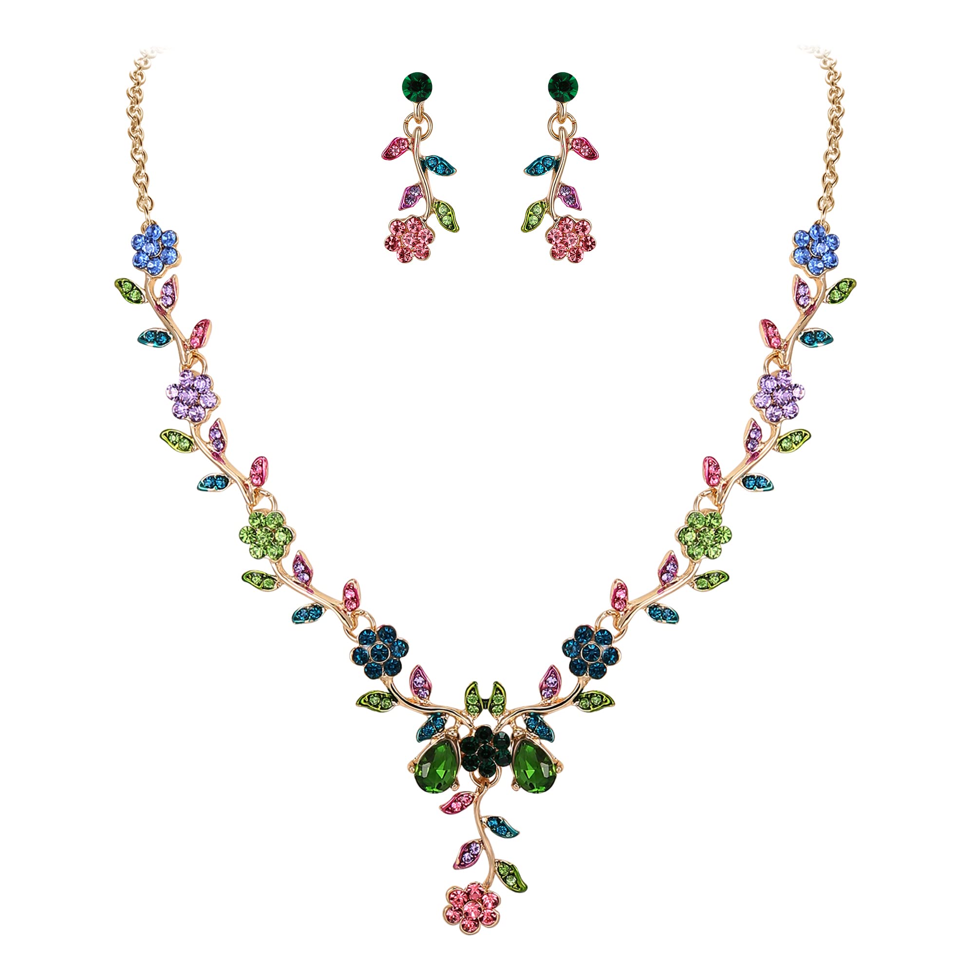 Damen Hochzeit Schmuck Set Blatt Cluster Blume Kristall Anhänger Halskette baumeln Ohrringe für Braut