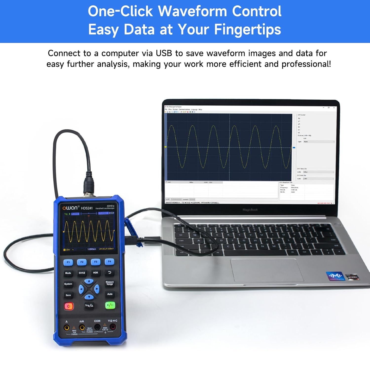 OWON HDS241 connected to a laptop via USB for data analysis.
