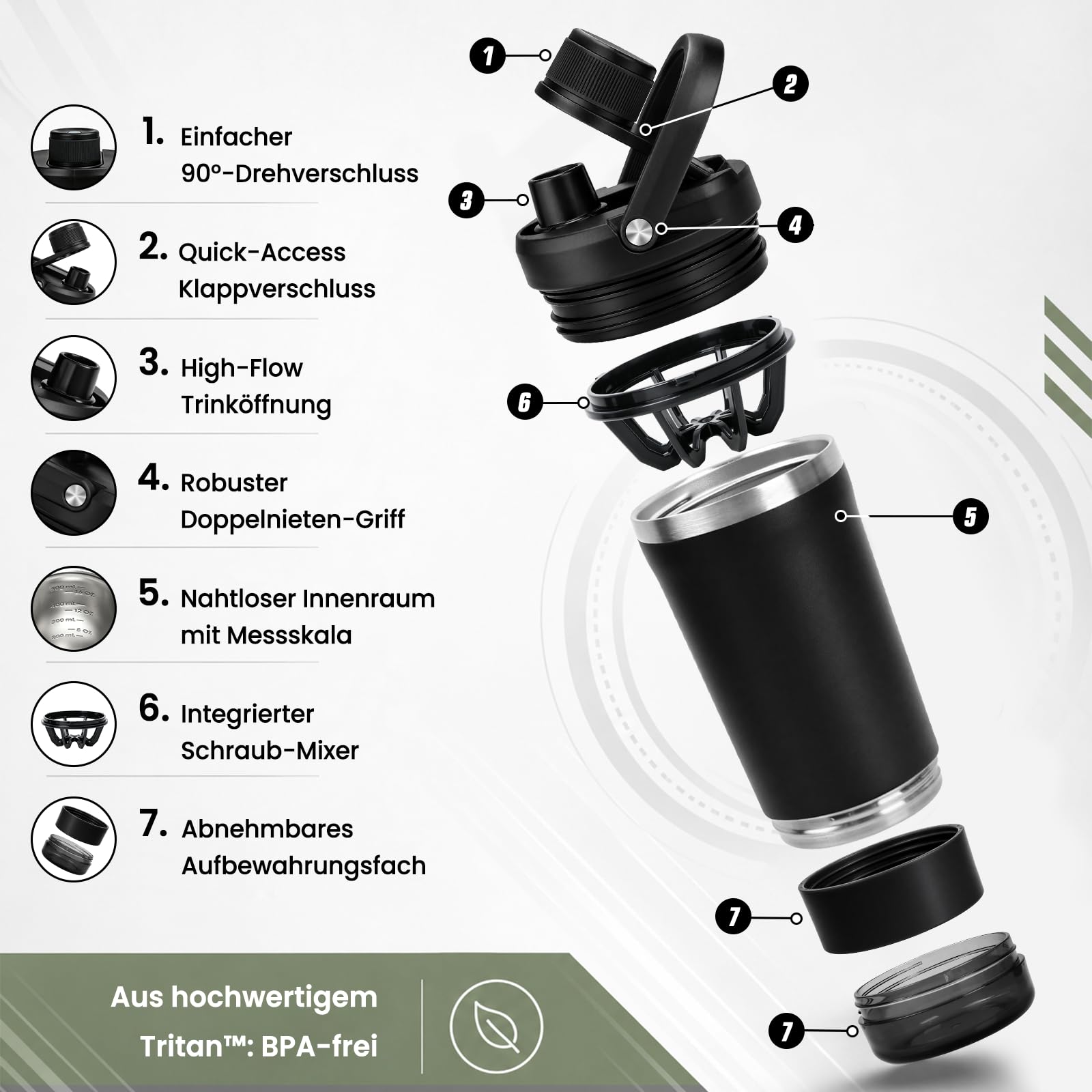 Shaker Edelstahl 700ml, Edelstahl Shaker Doppelwandig mit Pulverfach, Proteinshaker mit Innenskalierung für eisgekühlte Proteinshakes, Klumpenfrei, Auslaufsicher für Freizeit und Sport, BPA-Frei