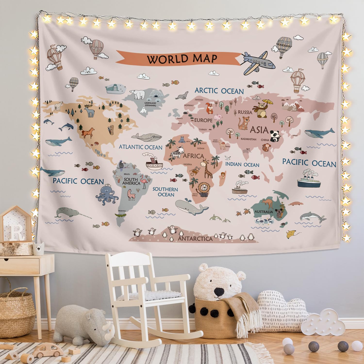 LIANGW Kids World Map Tapestry, Animal Continents Educational Geography Wall Hanging, Wildlife Learning Wall Blanket for Nursery, Classroom, Toddler