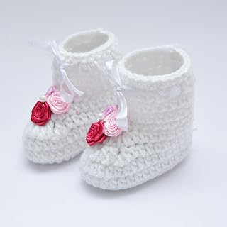 Love Crochet Art Soft Bottom Comfortable Warm Crochet Baby Booties - White for 0-6 Months