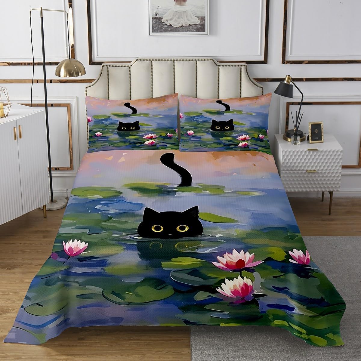 Erosebridal Black Cat Quilted Twin Size Lotus Animal Bedspread for Kids Boys Girls Kawaii Swimming Cute Floral Green Black Quilted Coverlet Soft Luxury Coverlet Set