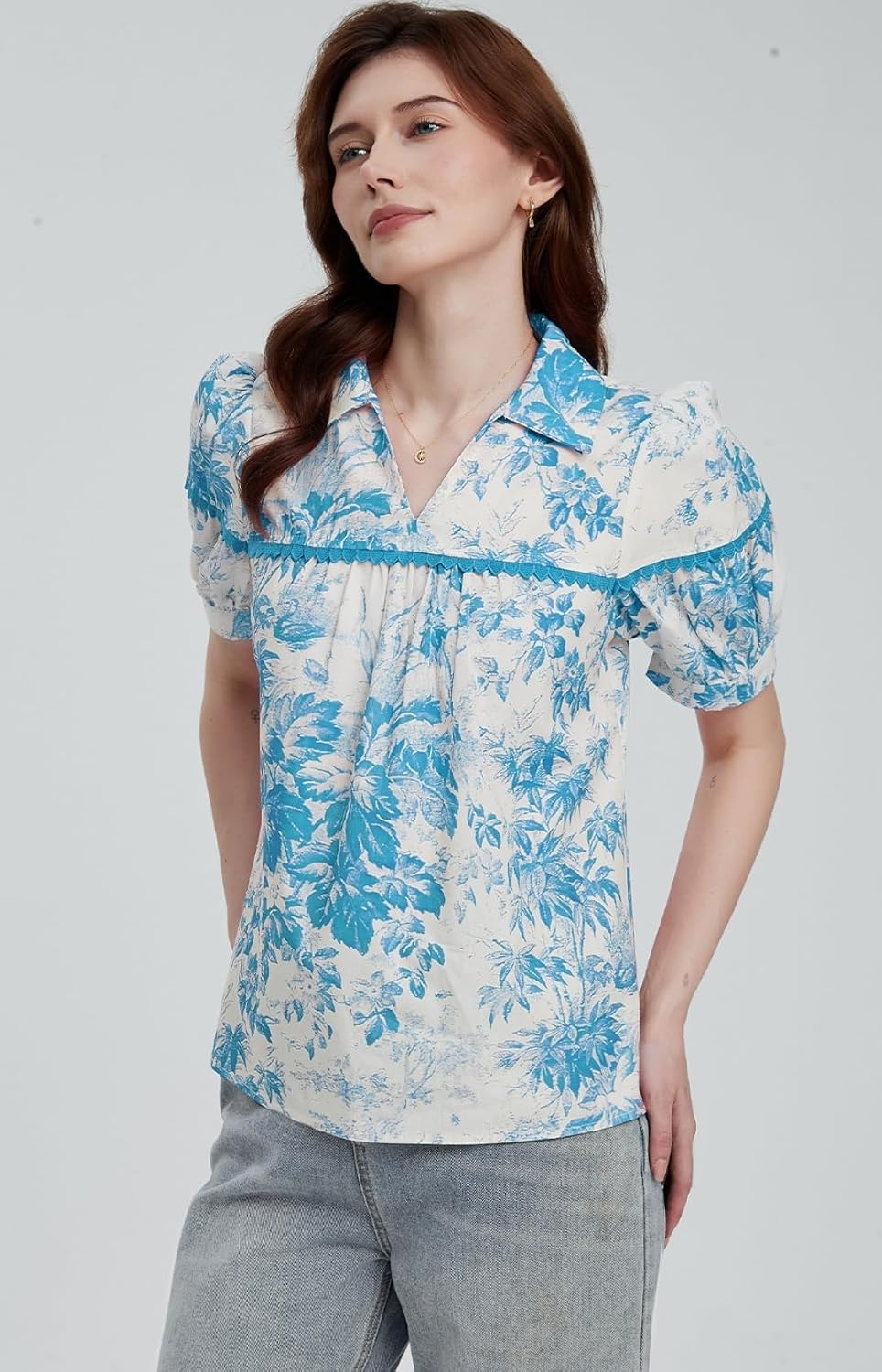EZAPINE Floral Print Top for Women Puff Sleeve Boho Blouses Short Sleeve Work Shirts