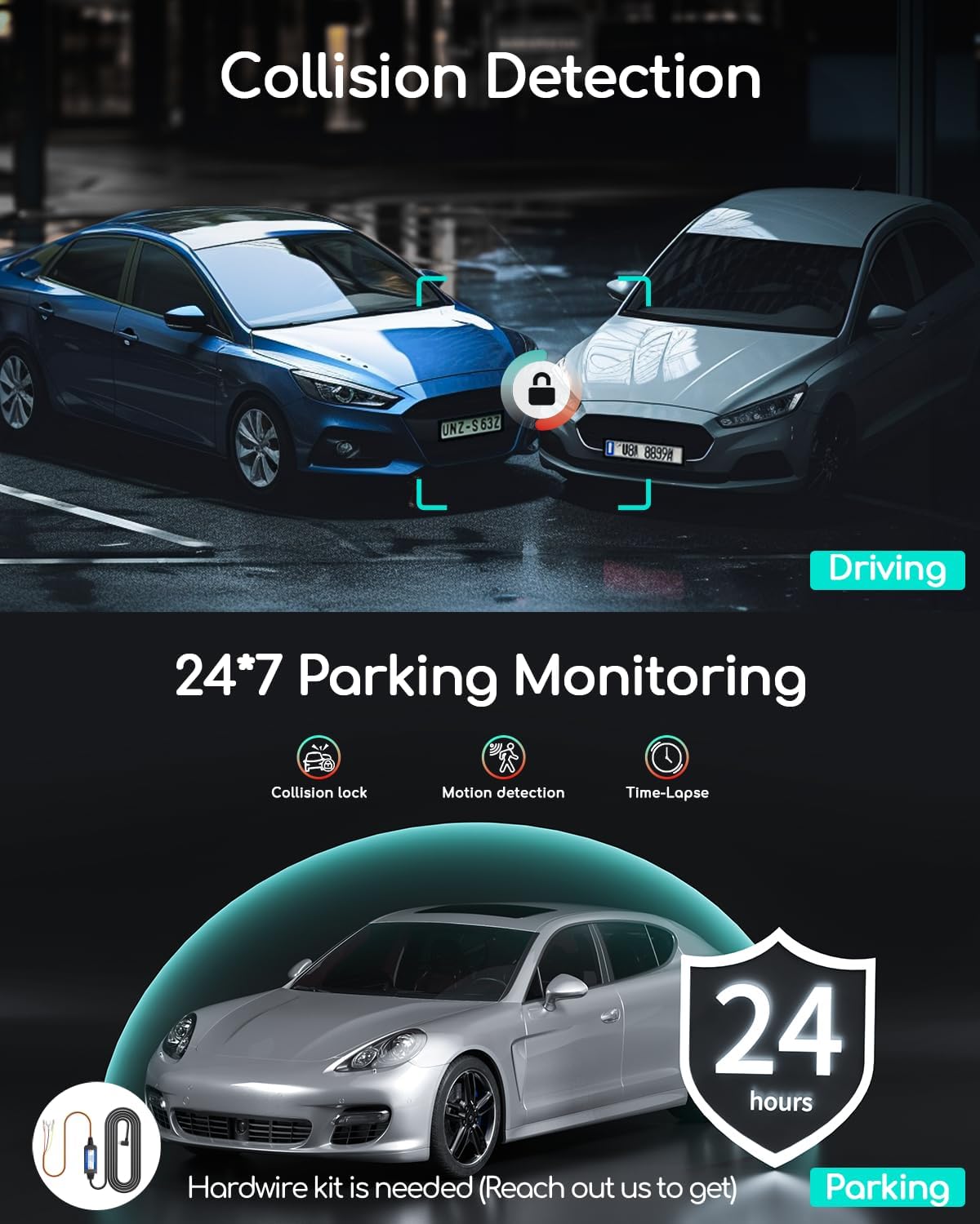 Illustrations of collision detection and 24/7 parking monitoring features.