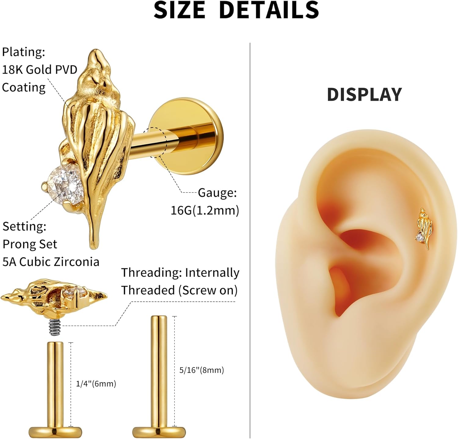 FINE4U 1PC 16G ASTM F136 Titanium Octopuses Piercings Jewelry with 6mm 8mm Post for Conch Helix Flat Labret 16G 6mm 8mm - Image 2