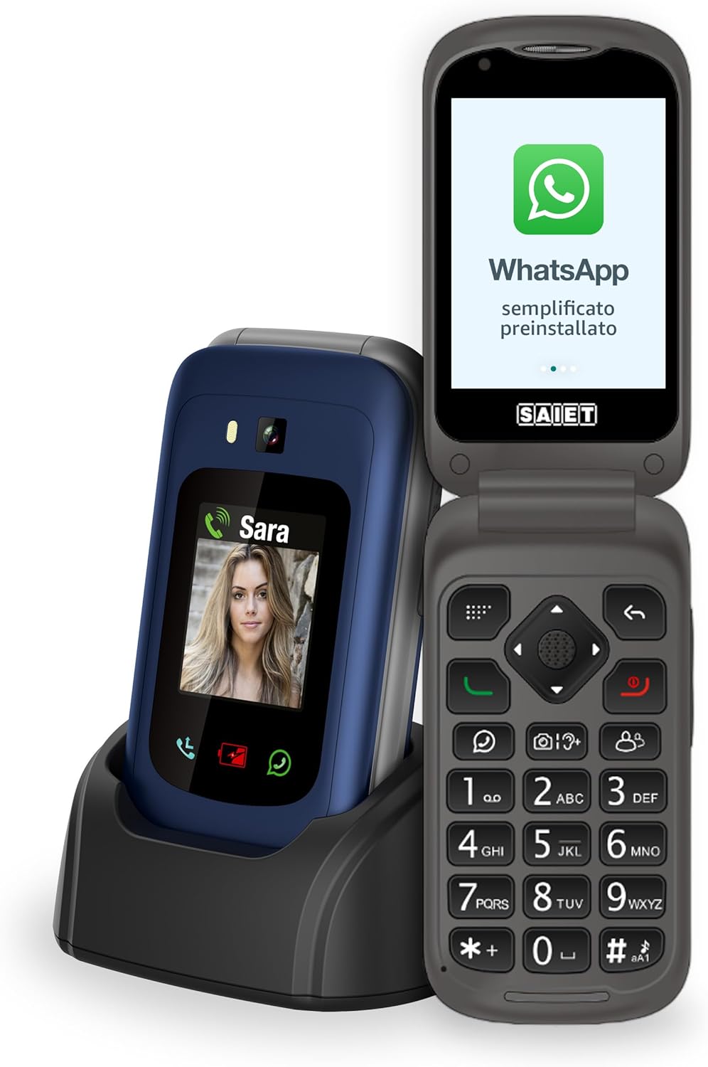 SAIET – Link 4+ Smart Senior Mobile Phone for Elderly 4G and Bluetooth – Large Keys and Letters – Smartphone with Whatsapp and SOS Button – Blue
