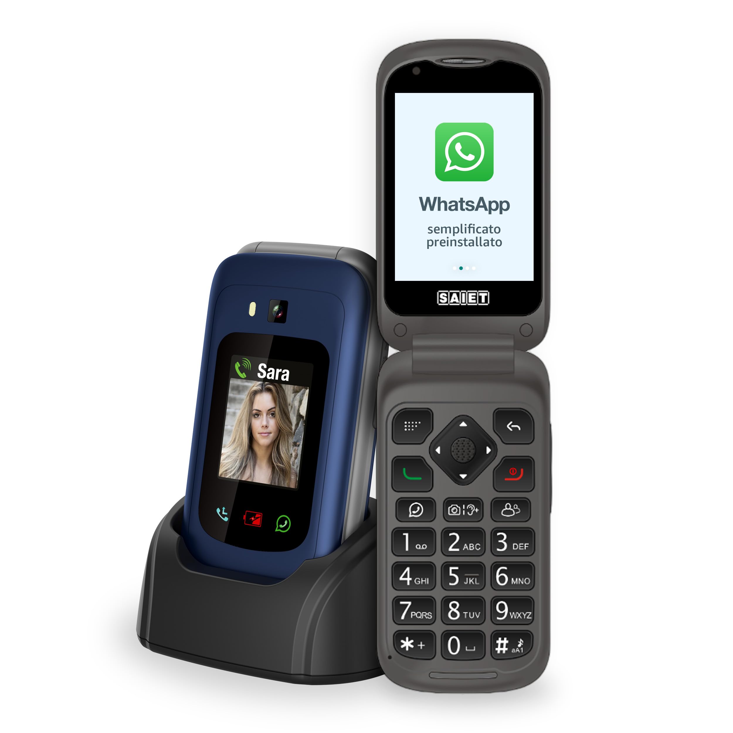 SAIET - Link 4+ Cellulare Smart Senior Per Anziani 4G e Bluetooth -Tasti e Lettere Grandi - Smartphone con Whatsapp e Tasto SOS - Blue