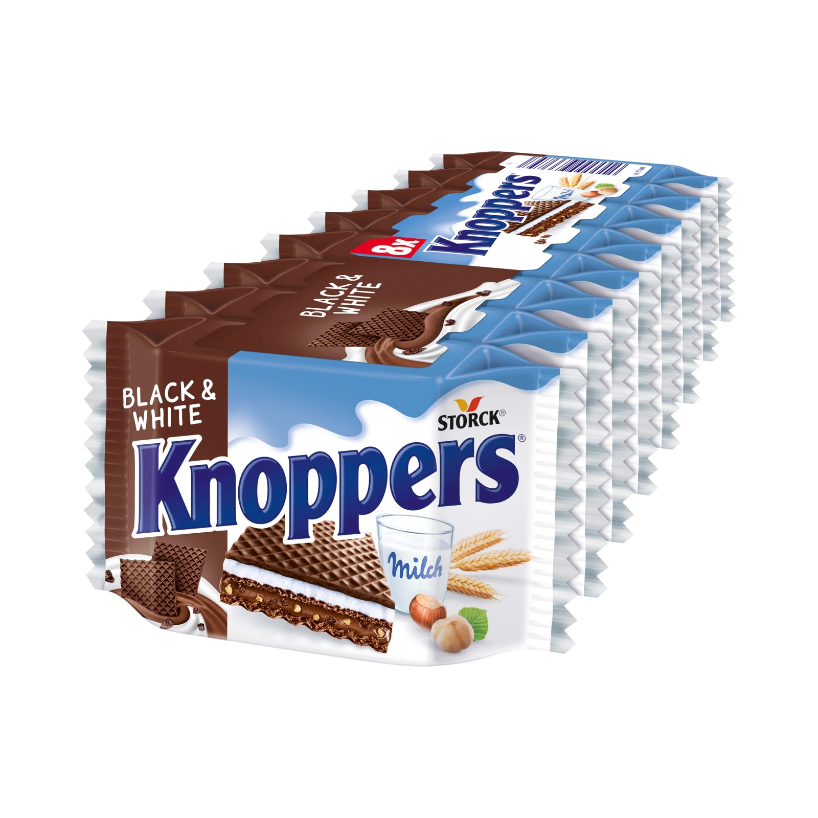 Knoppers Black and White – 8 x 25 g – Gefüllte Waffelschnitten mit dunklen Kakaowaffeln, dunklen Gebäckstückchen, Milch- und Nougatcreme
